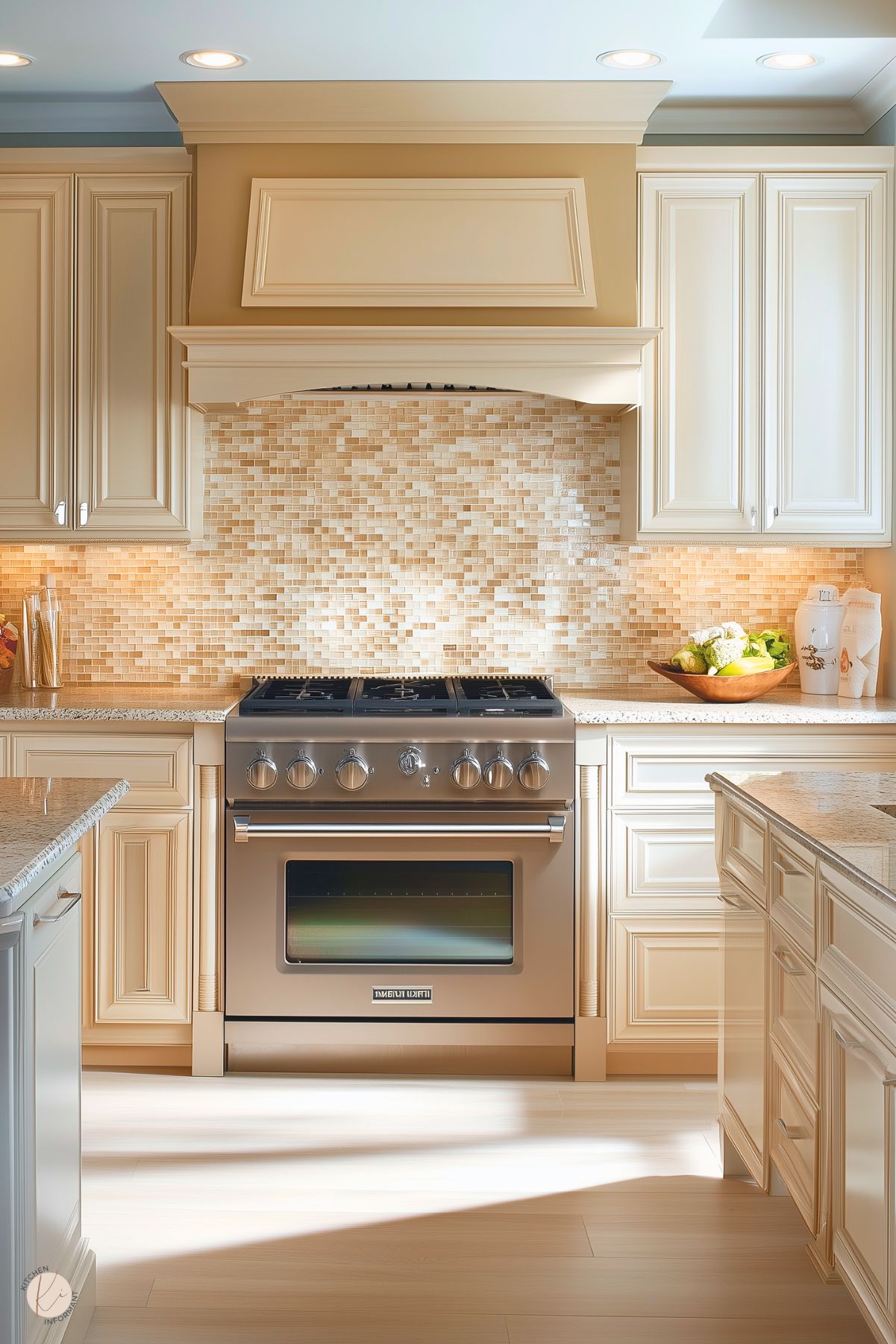 A bright and elegant kitchen featuring cream-colored cabinetry with intricate detailing and a polished mosaic tile backsplash in warm beige tones. The centerpiece is a stainless steel professional-grade oven, complemented by a matching custom range hood. Granite countertops add subtle texture, while a wooden fruit bowl and white ceramic decor enhance the inviting atmosphere. Soft natural light highlights the sophisticated, timeless design.