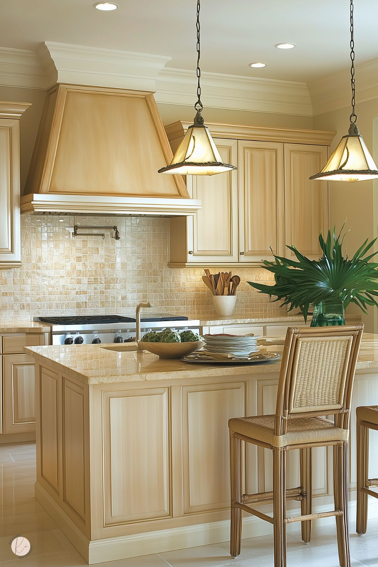 An elegant kitchen with light wood cabinetry and a matching custom range hood. The backsplash features soft beige mosaic tiles, adding subtle texture and warmth. A large island with a polished stone countertop is adorned with a bowl of fresh greens and a vase holding lush green foliage. Pendant lights with a stained glass effect hang above, providing a warm glow. Woven rattan barstools complement the neutral tones, enhancing the natural and inviting atmosphere.