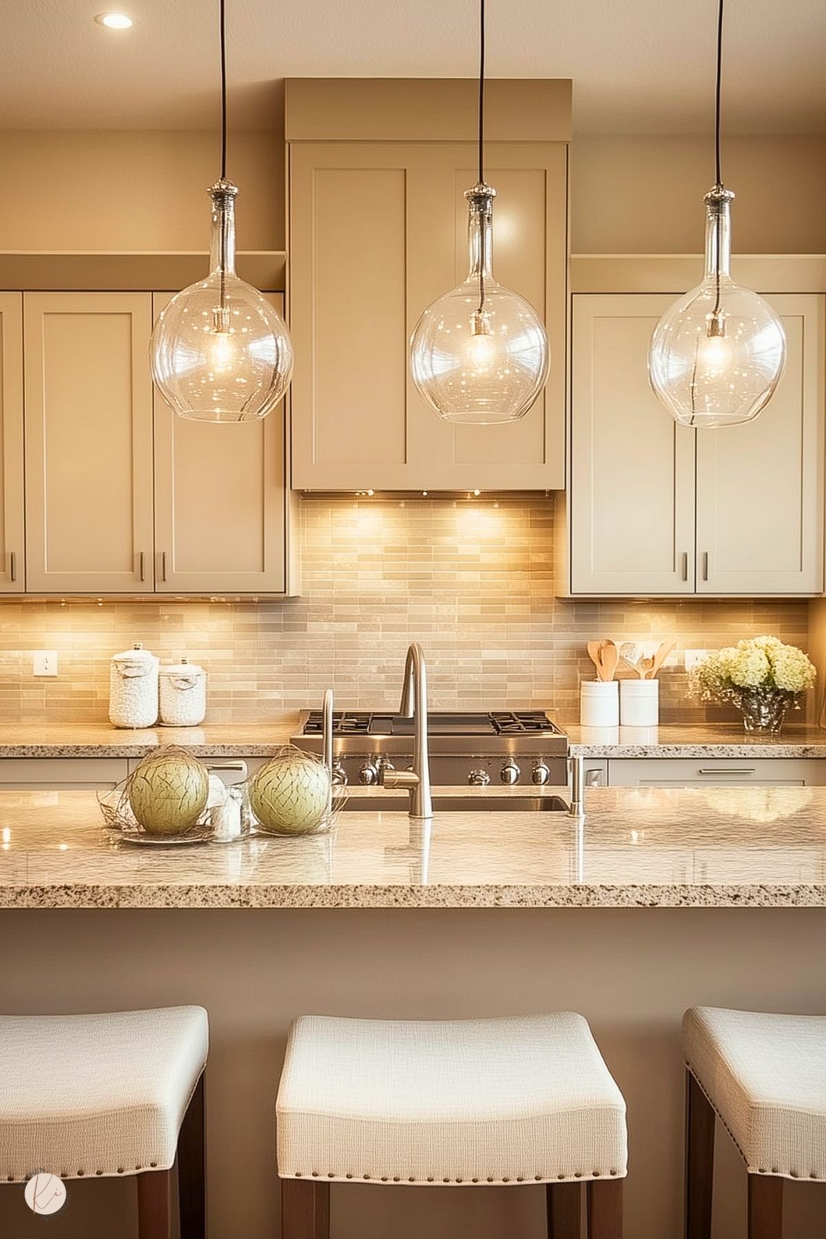 A warm, inviting kitchen with beige cabinetry and a tiled backsplash in earthy tones. The granite countertop features decorative elements, including a bowl of ornamental green spheres. Three glass pendant lights hang above the island, illuminating the space. White upholstered stools with dark wooden legs complete the look, creating a cozy and sophisticated ambiance.