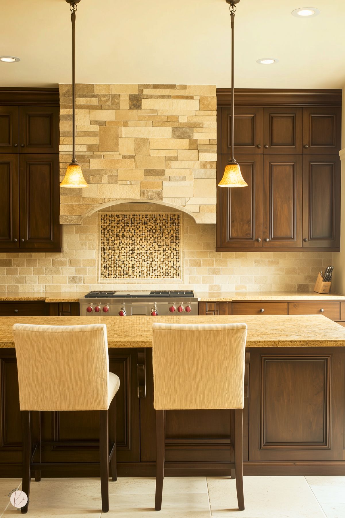 A sophisticated kitchen with rich dark wood cabinetry, a natural stone backsplash, and a mosaic tile accent above the stove. The island features a textured stone countertop with two cream-colored upholstered chairs, adding an elegant seating option. Warm pendant lights cast a soft glow, highlighting the earthy tones and creating a cozy, inviting ambiance.