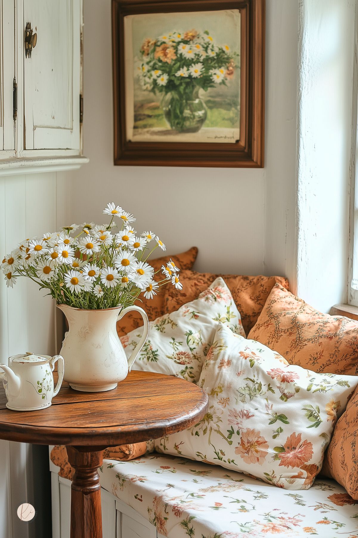 Cozy corner nook with floral cushions, a wooden table, and a white pitcher filled with daisies. A vintage teapot and a framed floral painting enhance the charming, country-style aesthetic. Natural light brightens the warm, inviting space.