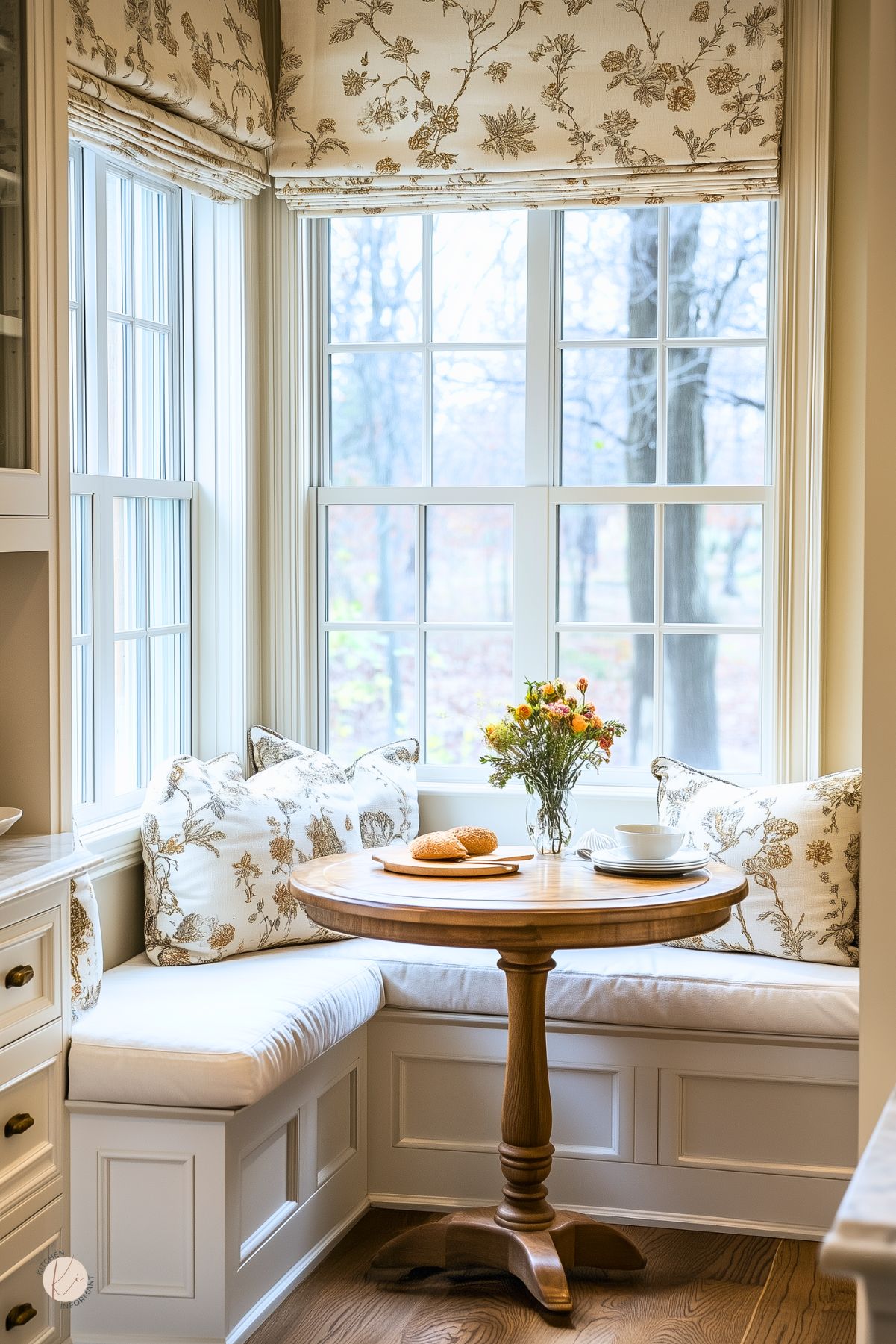 Cozy breakfast nook with a built-in bench, adorned with floral cushions and matching Roman shades. A small wooden table holds a simple arrangement of flowers and breakfast essentials, set against large windows offering a serene outdoor view.