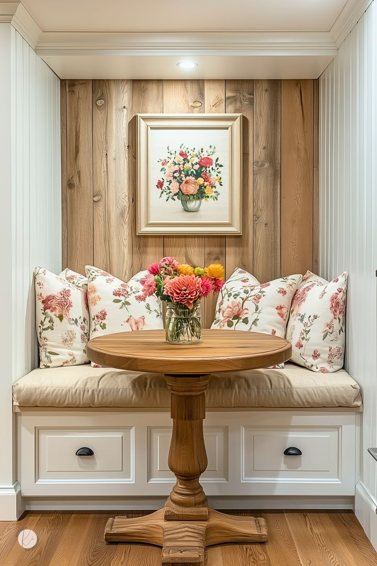 Cozy breakfast nook with a built-in bench featuring floral cushions and storage drawers. A small wooden table with a vase of fresh flowers complements the warm wood-paneled wall, adorned with a framed floral painting for a charming, rustic touch.