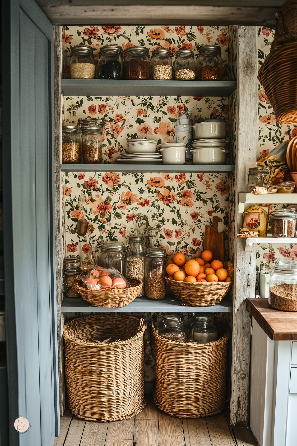 Charming pantry with floral wallpaper, open shelves neatly stocked with jars of grains, spices, and crockery. Wicker baskets hold fresh produce like oranges and onions, creating a warm and rustic feel. Wooden accents and soft lighting complete the cozy, vintage-inspired space.