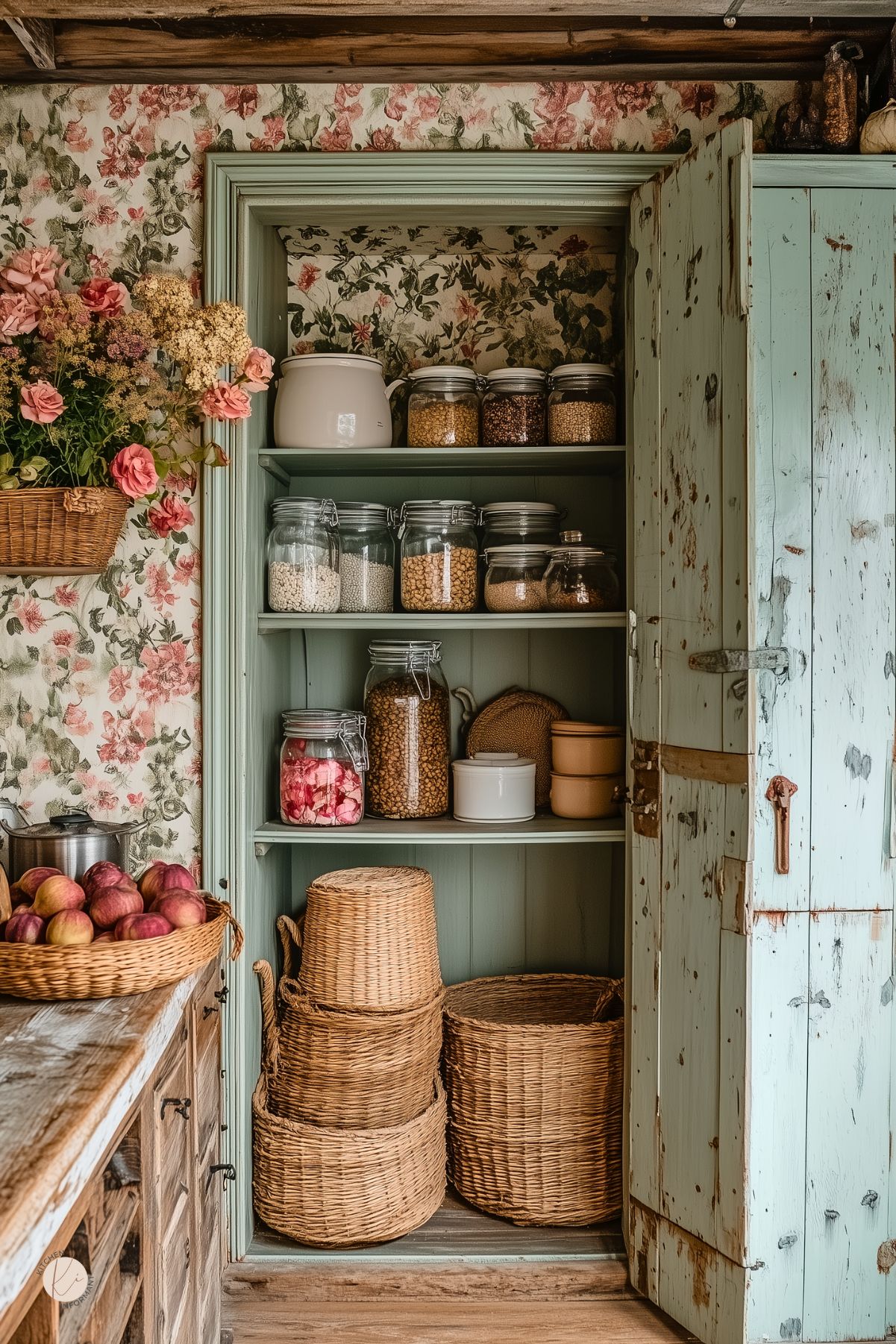 Rustic pantry with sage green shelving, floral wallpaper, and vintage wooden doors. Glass jars filled with pantry staples, wicker baskets, and ceramic containers provide organized storage. A basket of fresh apples and a hanging floral arrangement enhance the cozy, country-style charm.