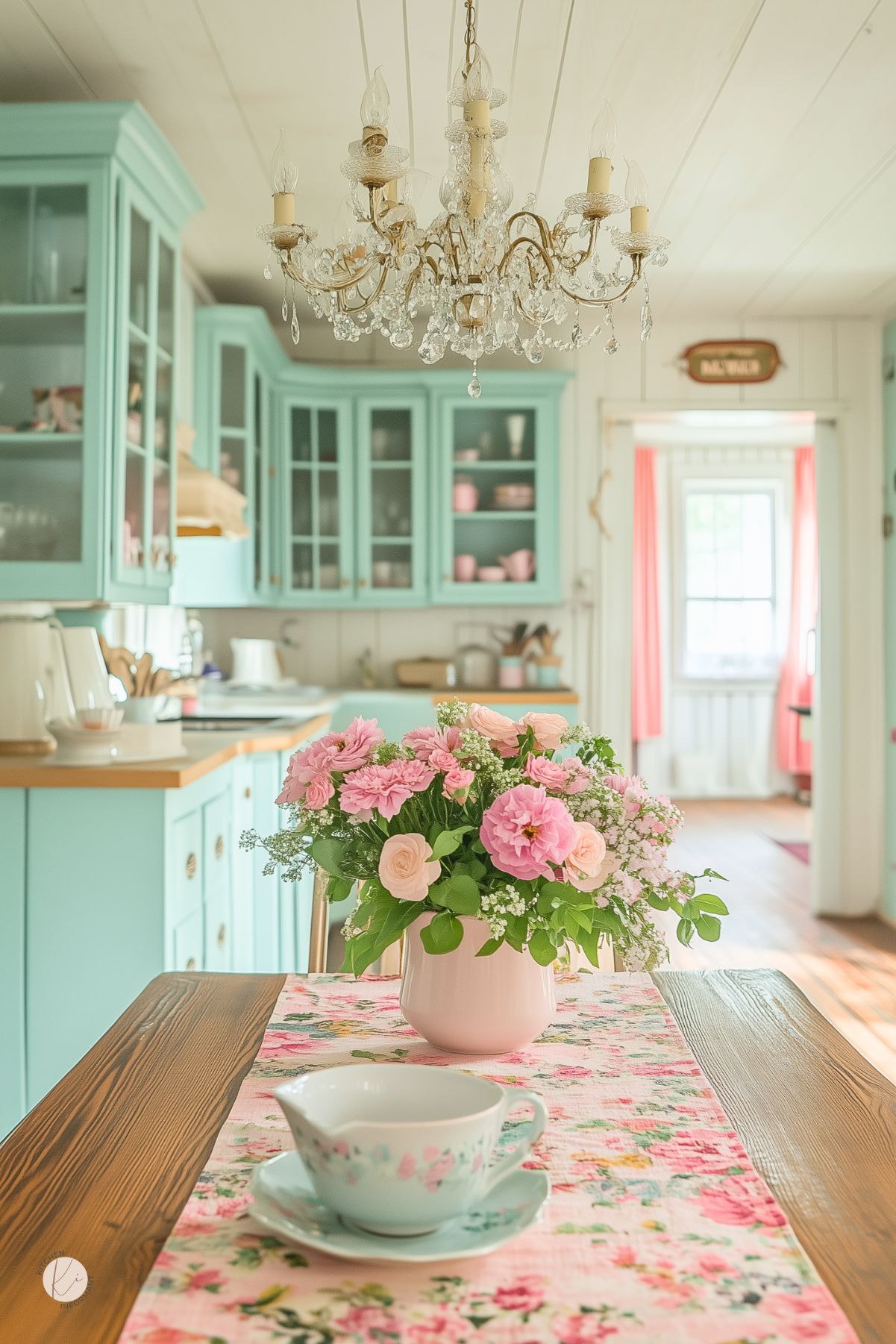 Delightful kitchen featuring pastel mint cabinetry, a sparkling crystal chandelier, and a wooden table adorned with a floral runner and a bouquet of pink roses. The bright and airy space exudes vintage charm with soft, coordinated accents throughout.