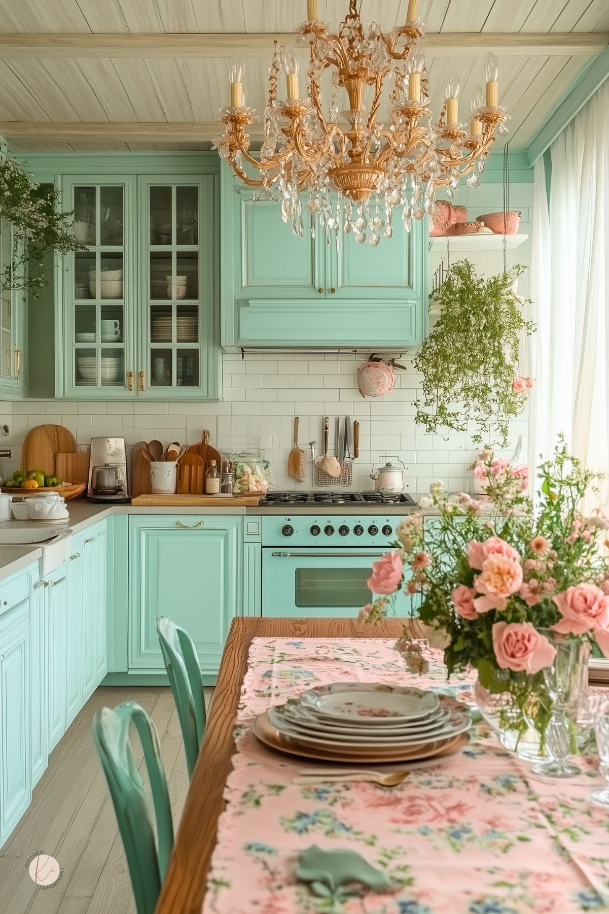 Pastel mint green kitchen with vintage-inspired cabinetry, a matching oven, and a white subway tile backsplash. A gold chandelier with crystals hangs above a wooden table set with floral linens and pink roses, adding a romantic touch. Hanging greenery and natural light complete the cozy, whimsical design.