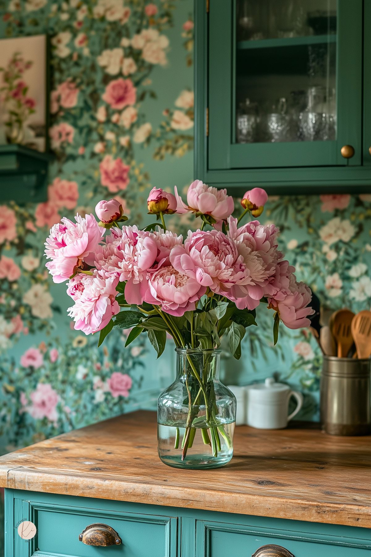 Rustic kitchen featuring a wooden countertop, teal cabinetry, and a vibrant floral wallpaper. A glass vase filled with pink peonies serves as the centerpiece, adding a touch of charm and elegance to the space.