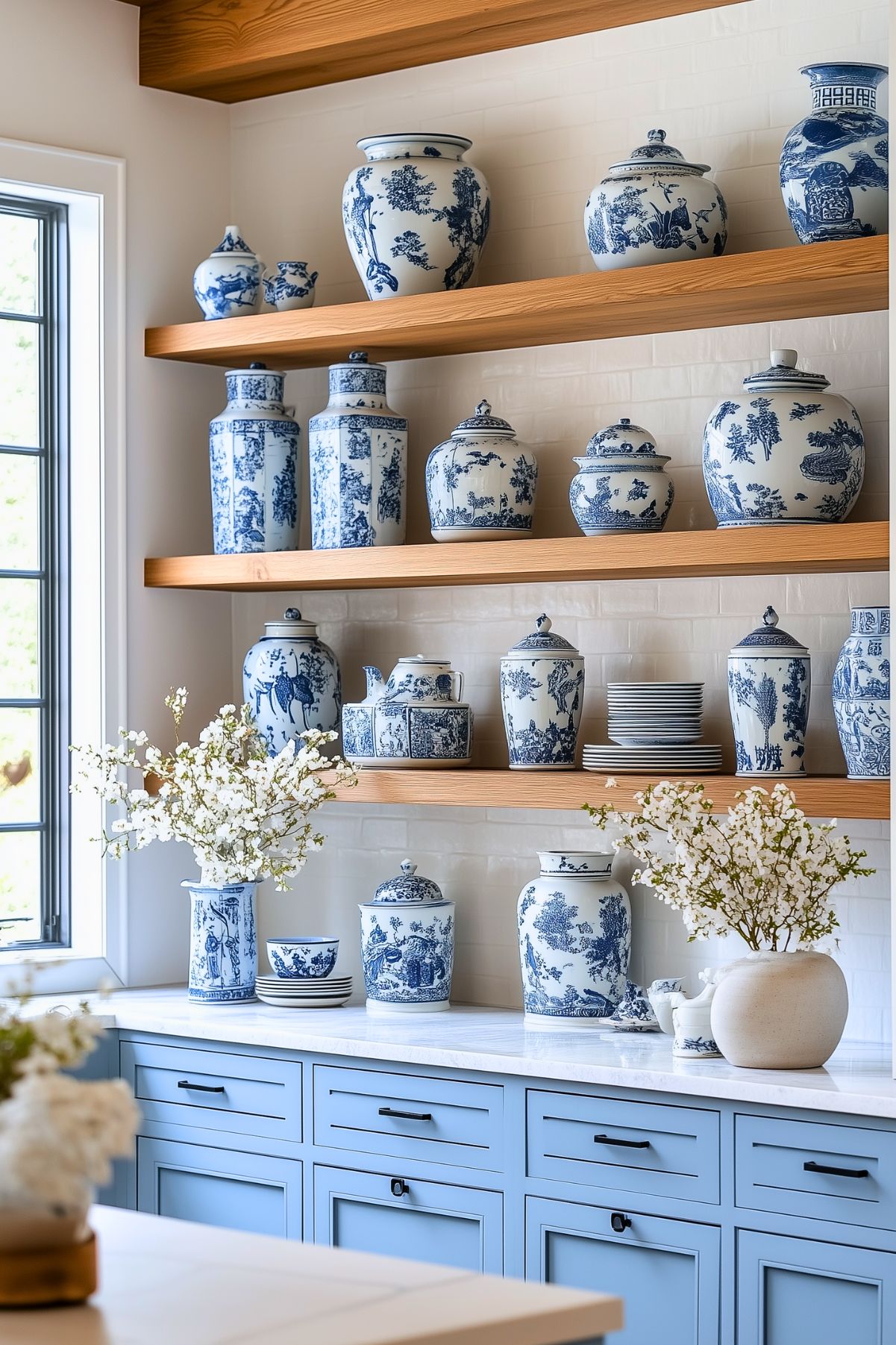 Elegant kitchen with open wooden shelves showcasing a collection of blue and white chinoiserie vases and jars. Soft blue cabinetry with black hardware complements the display, while white countertops and delicate floral arrangements add a fresh and refined touch.