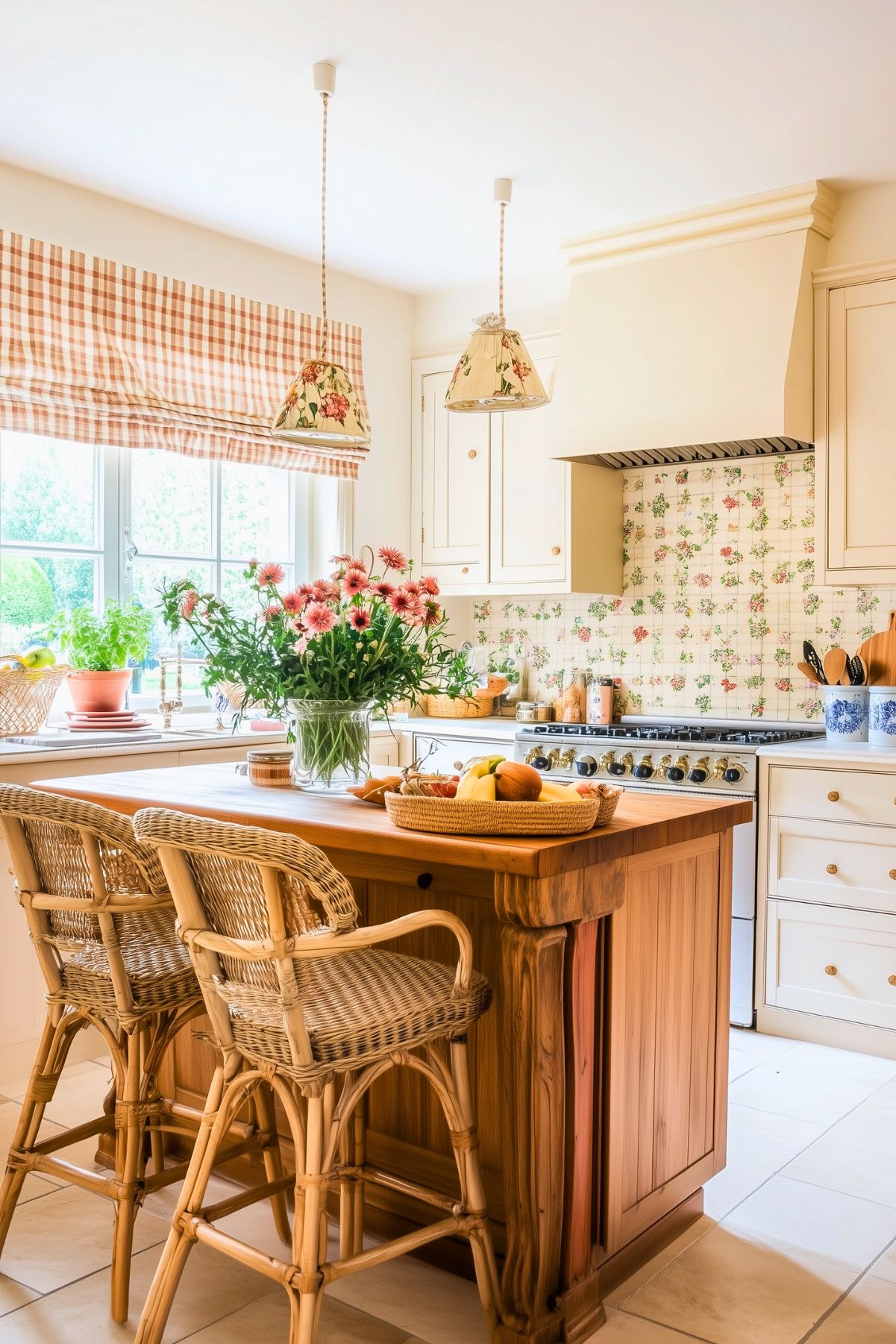 Charming farmhouse kitchen with cream cabinetry, a wooden island featuring wicker barstools, and floral-patterned pendant lights. The floral tile backsplash and gingham Roman shade add a cozy, country-inspired vibe, complemented by fresh flowers and fruit accents.