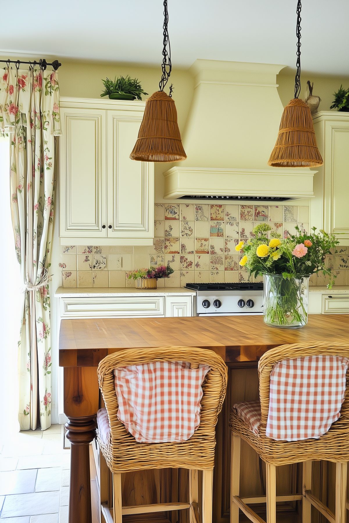 Bright country kitchen with cream cabinetry, a floral tile backsplash, and a wooden island accented by wicker barstools with gingham cushions. Woven pendant lights and floral curtains add rustic charm, while a vase of fresh flowers brings a cheerful touch.