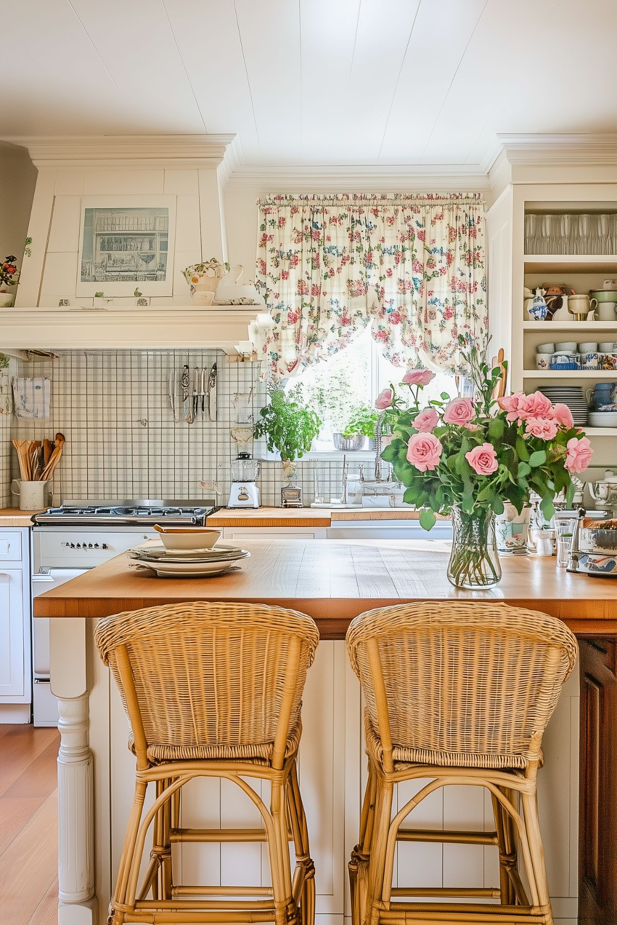 Charming kitchen with a cozy, vintage feel, featuring wicker barstools at a wooden island. Floral curtains frame a bright window with greenery, while open shelving displays delicate china. The tiled backsplash and vase of pink roses add a soft, inviting touch.