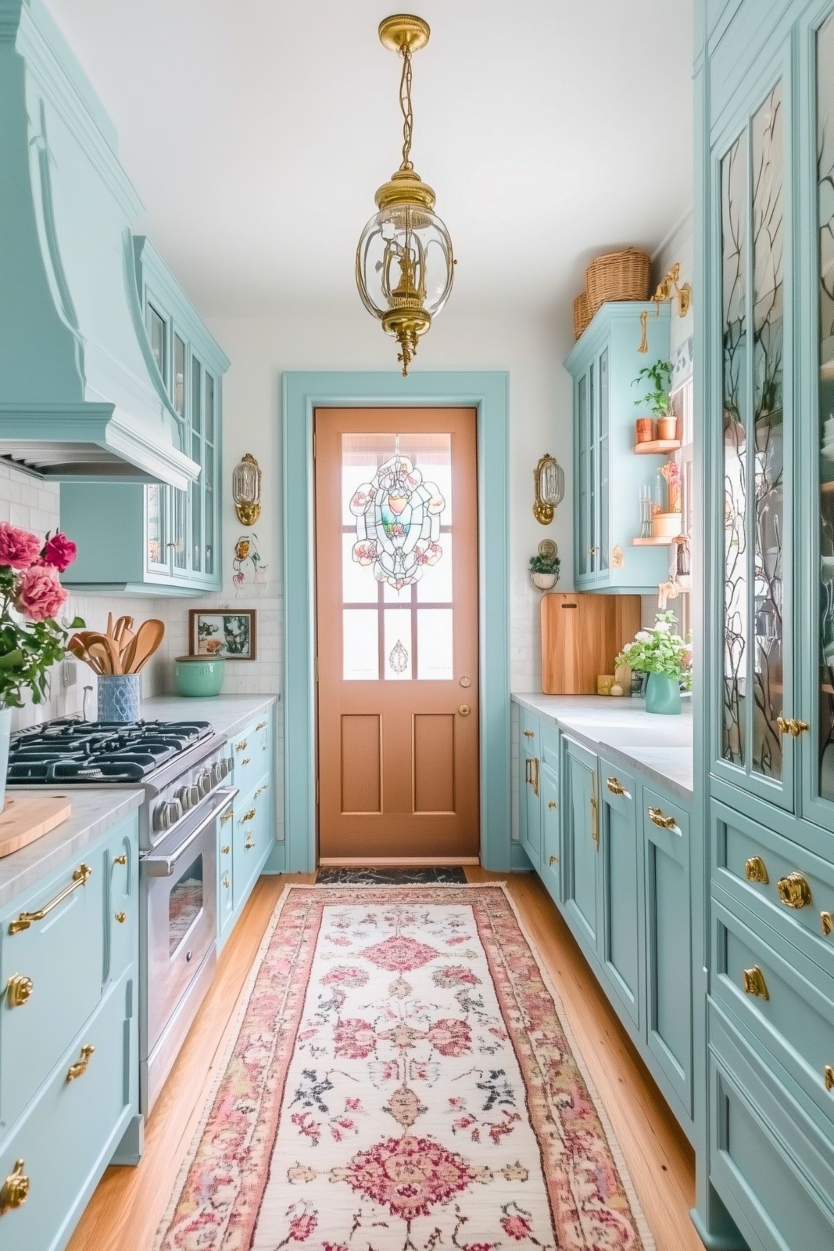 Charming galley kitchen with pastel blue cabinetry, brass hardware, and a stained-glass door. A vintage runner adds warmth, while a lantern-style pendant light and floral accents enhance the elegant yet cozy atmosphere.