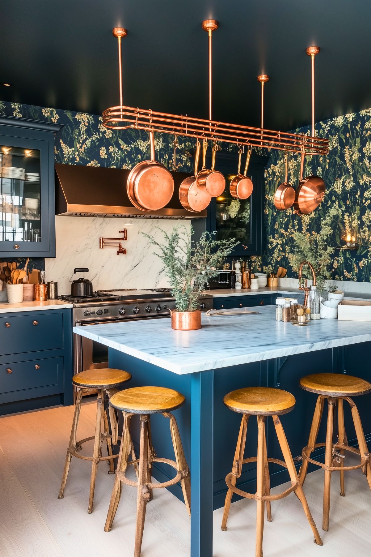 Sophisticated kitchen with navy blue cabinetry, a marble island, and a floral wallpaper backdrop. Copper pots hang from a striking overhead rack, complementing the copper accents throughout. Wooden stools and greenery add warmth and balance to the elegant design.