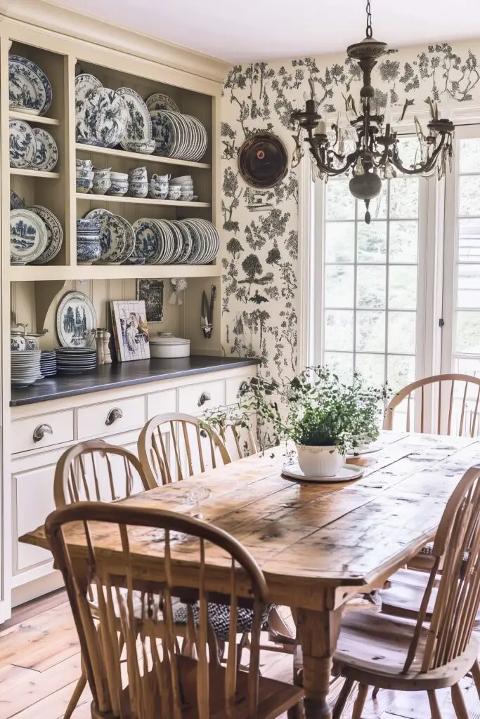 Rustic kitchen with a vintage wooden dining table, spindle-back chairs, a botanical wallpaper accent, and open shelving displaying blue and white china. A chandelier adds an elegant touch, with natural light streaming in through large windows.