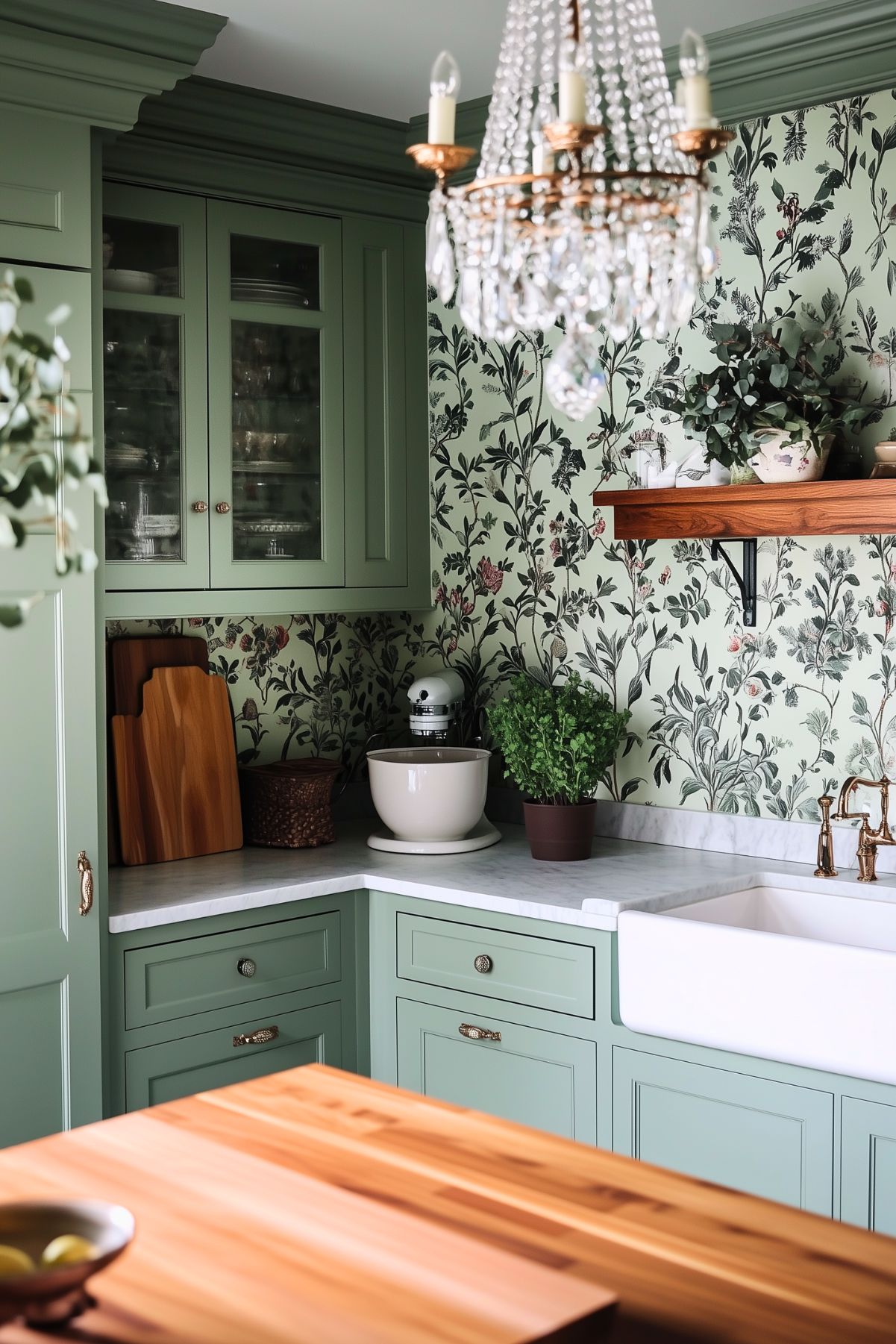 Sophisticated kitchen with sage green cabinetry, botanical wallpaper, and a marble countertop. A crystal chandelier adds elegance, while a wooden floating shelf and butcher block island introduce warmth. Potted plants and brass fixtures complete the timeless, inviting design.