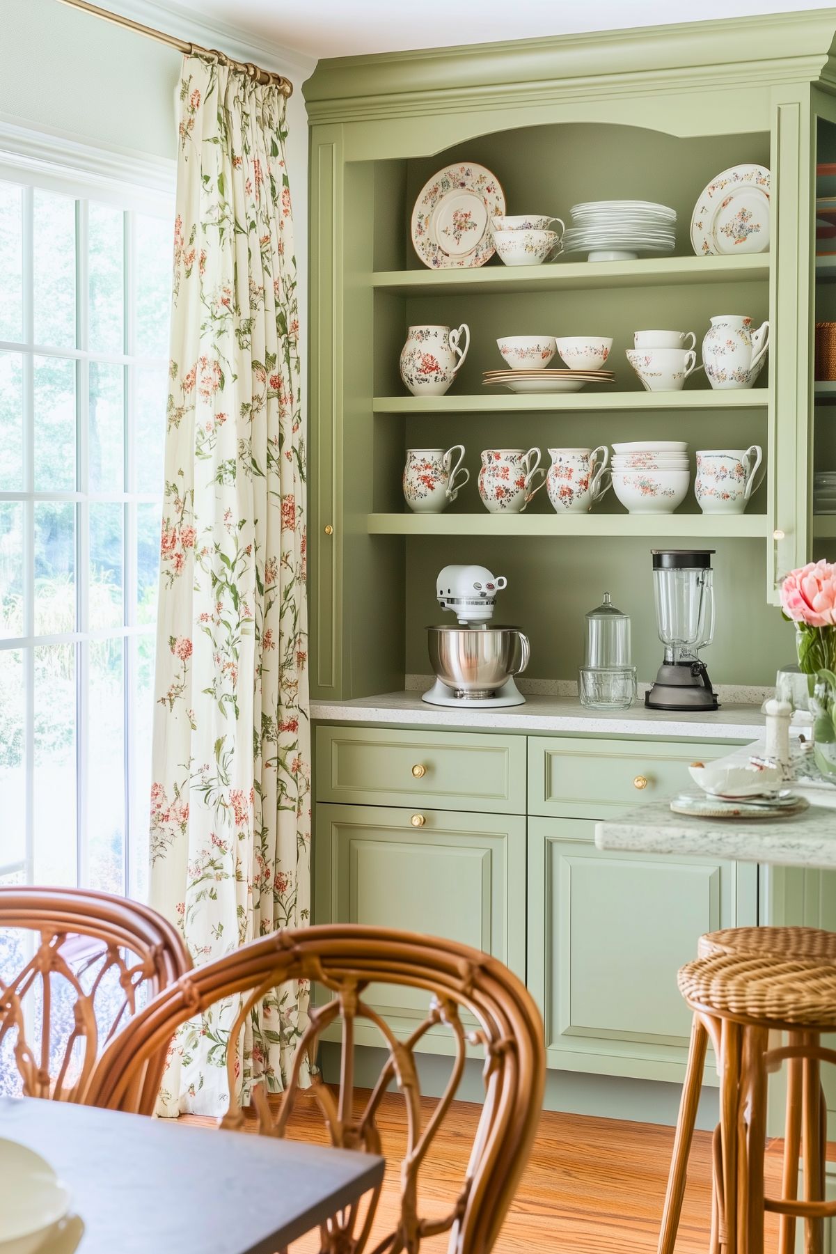 Charming kitchen corner featuring sage green cabinetry displaying floral china, with a countertop equipped with a stand mixer and blender. Floral curtains and rattan chairs add a cozy, vintage-inspired touch, creating a warm and inviting atmosphere.