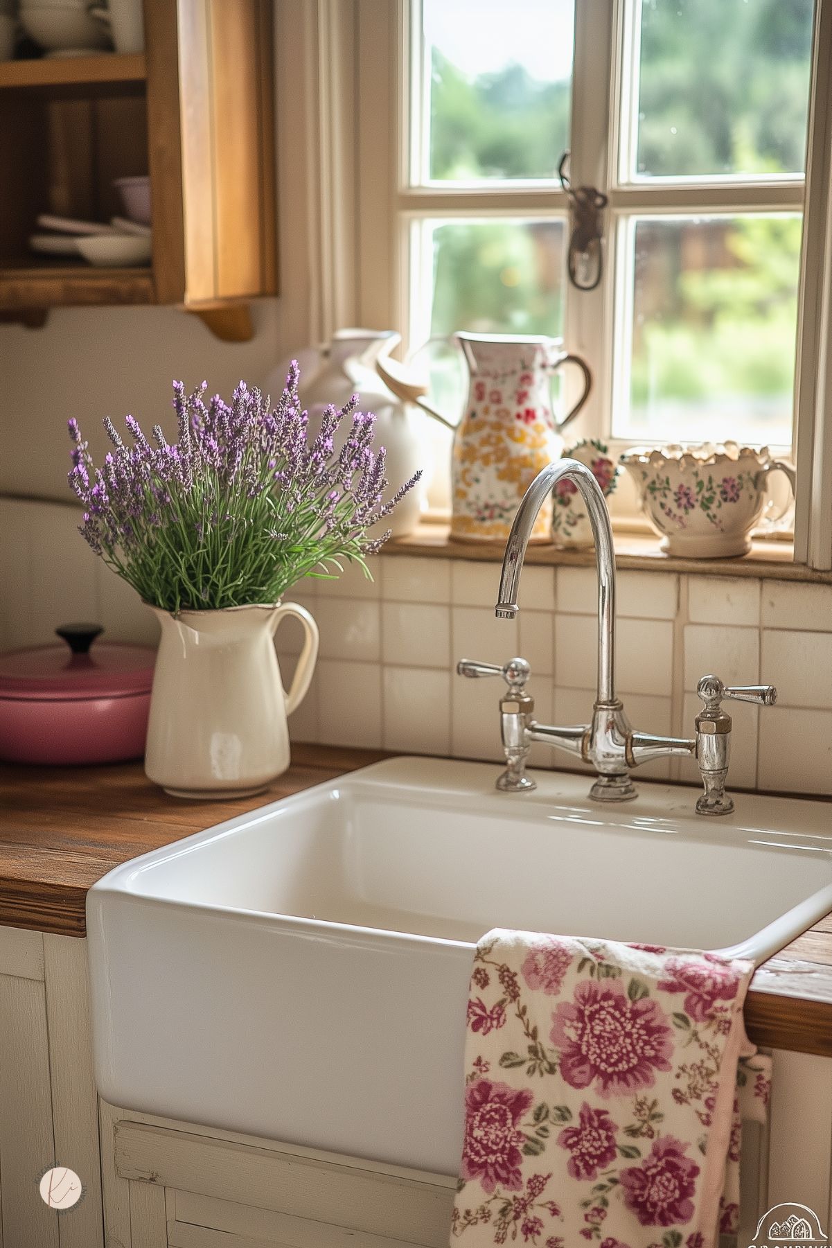 Charming farmhouse kitchen sink with a vintage-style faucet, a floral dish towel, and a rustic wood countertop. Lavender in a cream pitcher and colorful floral ceramics decorate the windowsill, with sunlight streaming in through the window.