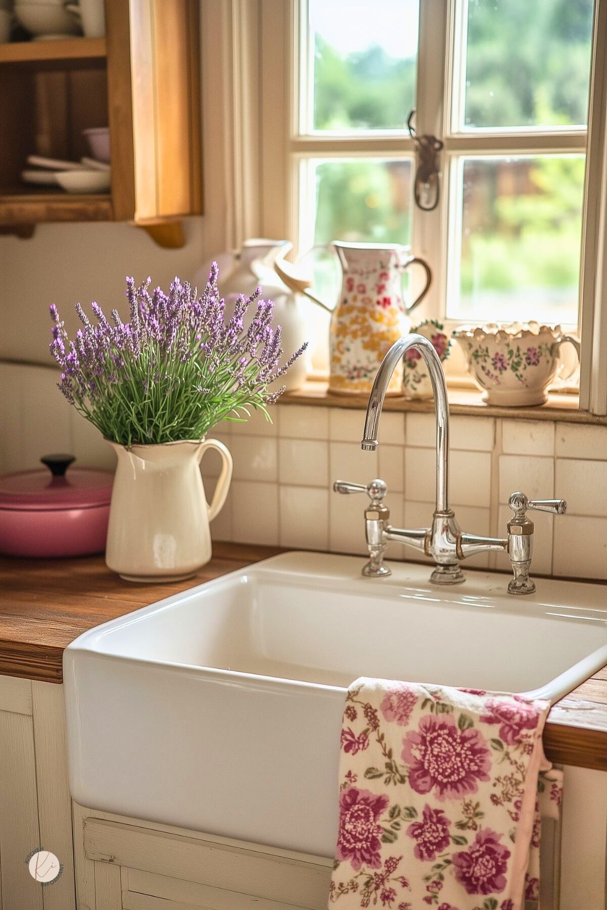 Charming farmhouse kitchen sink with a vintage-style faucet, a floral dish towel, and a rustic wood countertop. Lavender in a cream pitcher and colorful floral ceramics decorate the windowsill, with sunlight streaming in through the window.