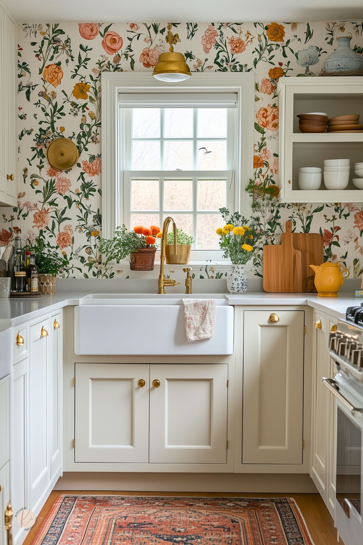 Bright and cheerful kitchen featuring floral wallpaper, a farmhouse sink with gold fixtures, and cream cabinetry with brass hardware. Fresh flowers and potted plants adorn the window ledge, complemented by a cozy vintage rug underfoot.