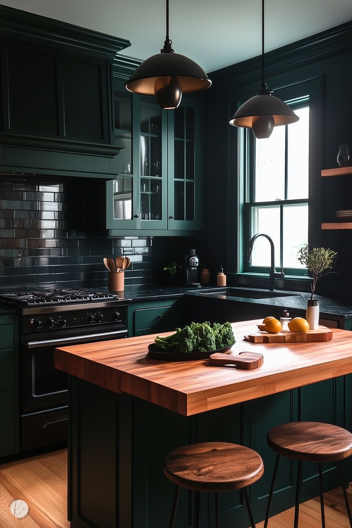 Moody kitchen with rich green cabinetry, glossy black subway tile backsplash, and a natural wood butcher block island. The space is accented with industrial-style pendant lighting, wooden stools, and a large window bringing in soft natural light for a dramatic yet inviting atmosphere.