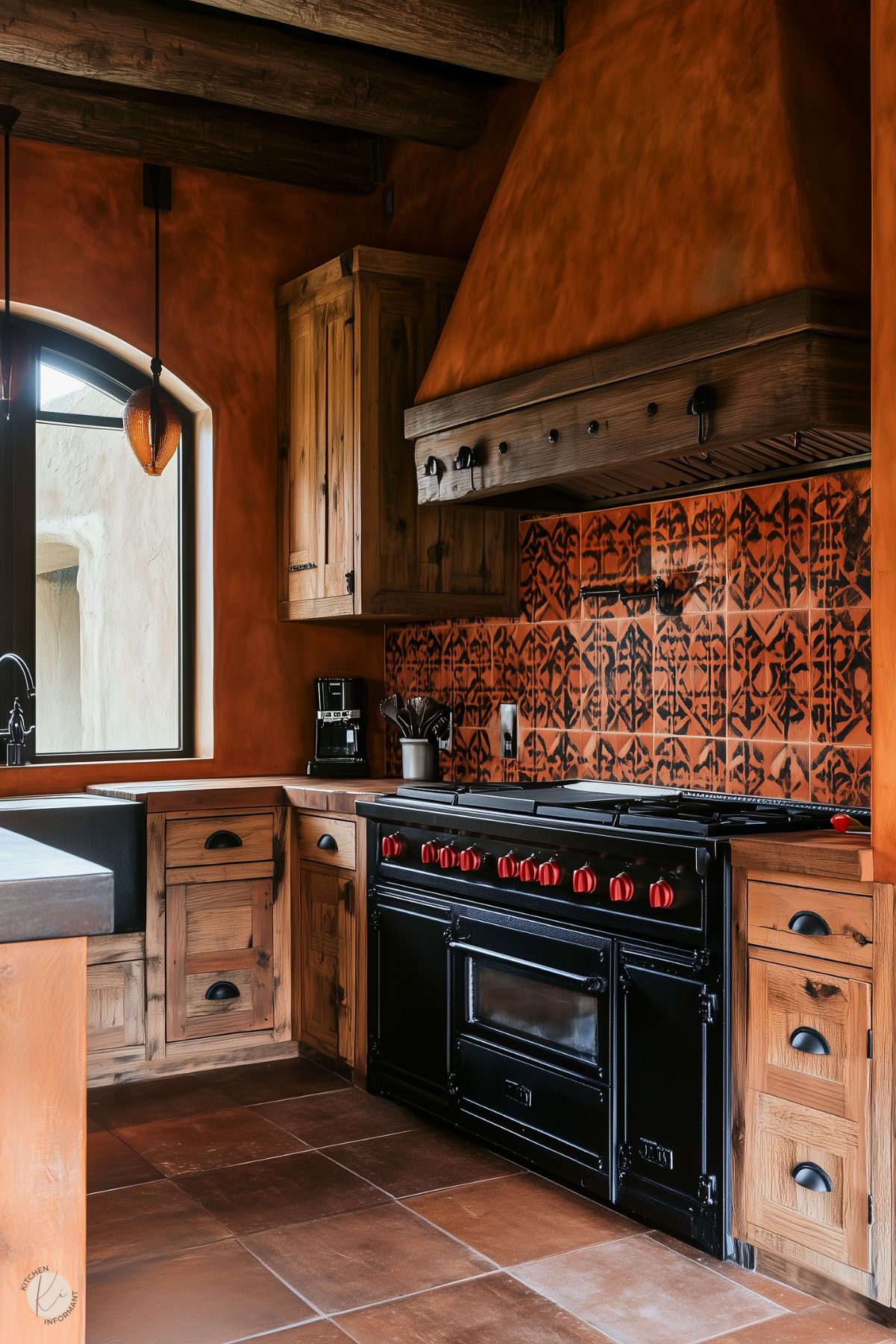 Rustic kitchen with warm terracotta walls, natural wood cabinetry, and bold patterned tiles as a backsplash. The design features a black range with red knobs, exposed wooden ceiling beams, and earthy tones for a cozy, southwestern-inspired look.