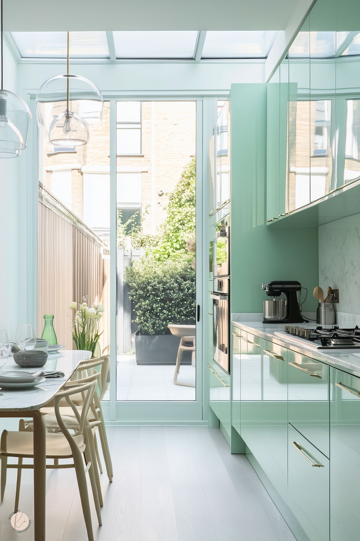 Bright and airy kitchen with glossy mint green cabinets, gold hardware, and marble countertops, leading to a patio through large glass doors. Natural light streams in through a skylight, highlighting a cozy dining area with Scandinavian-style chairs.