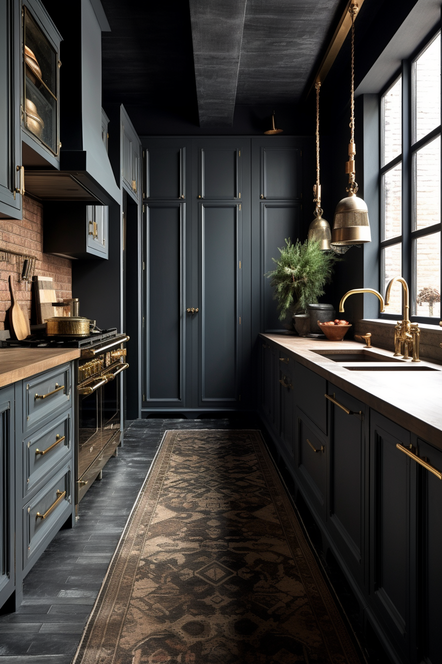 Moody kitchen with dark gray cabinetry, brass hardware, exposed brick accents, and warm wooden countertops, enhanced by vintage pendant lighting.