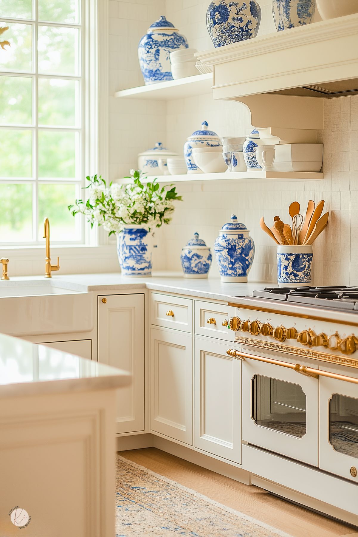 Elegant kitchen with white cabinetry, gold hardware, and a farmhouse sink. Blue and white chinoiserie vases and jars decorate open shelves and countertops, adding a classic touch. A gold-accented stove completes the bright and sophisticated design.