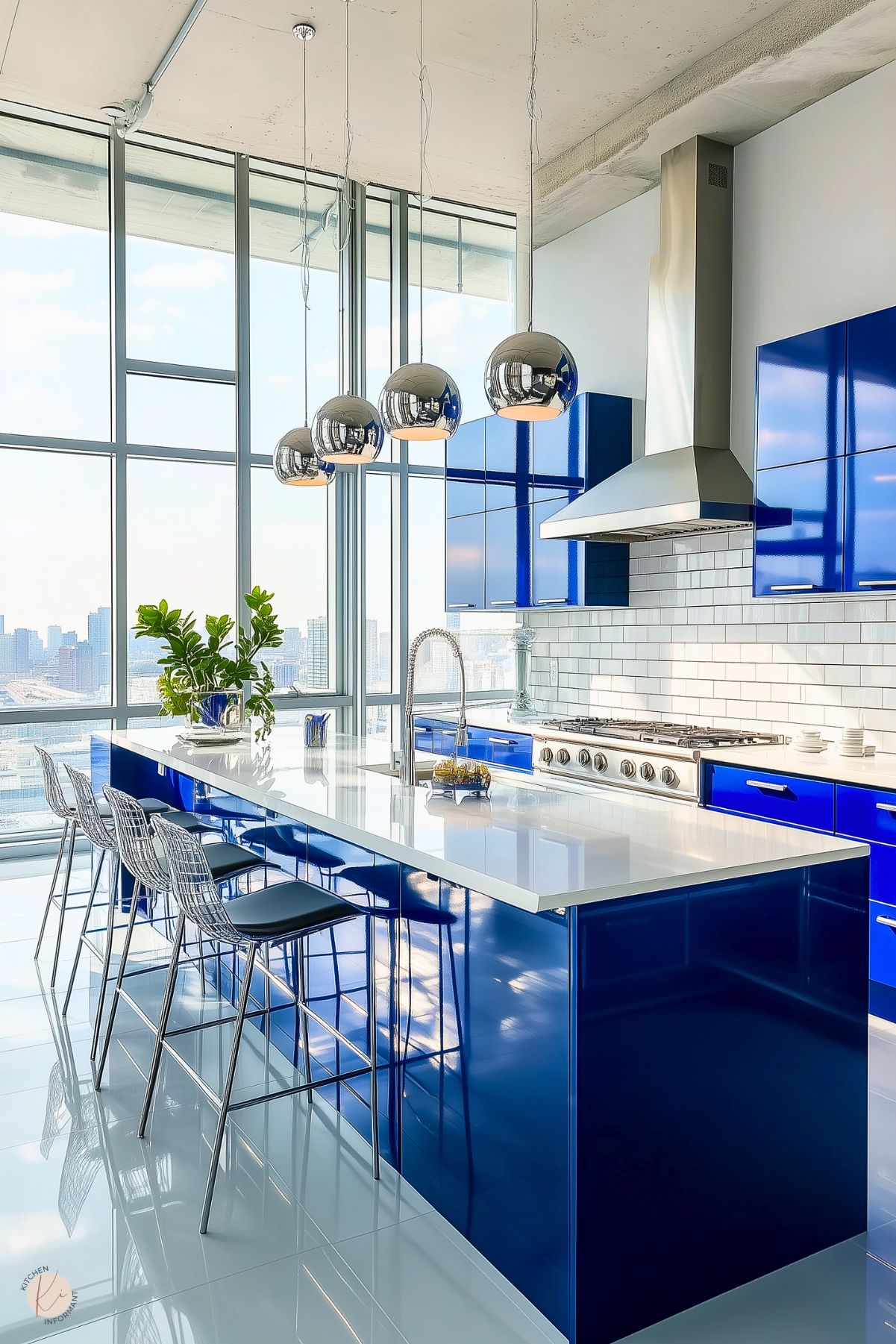 Sleek modern kitchen with vibrant blue cabinets, floor-to-ceiling windows, chrome accents, and a spacious white island, offering stunning city views.