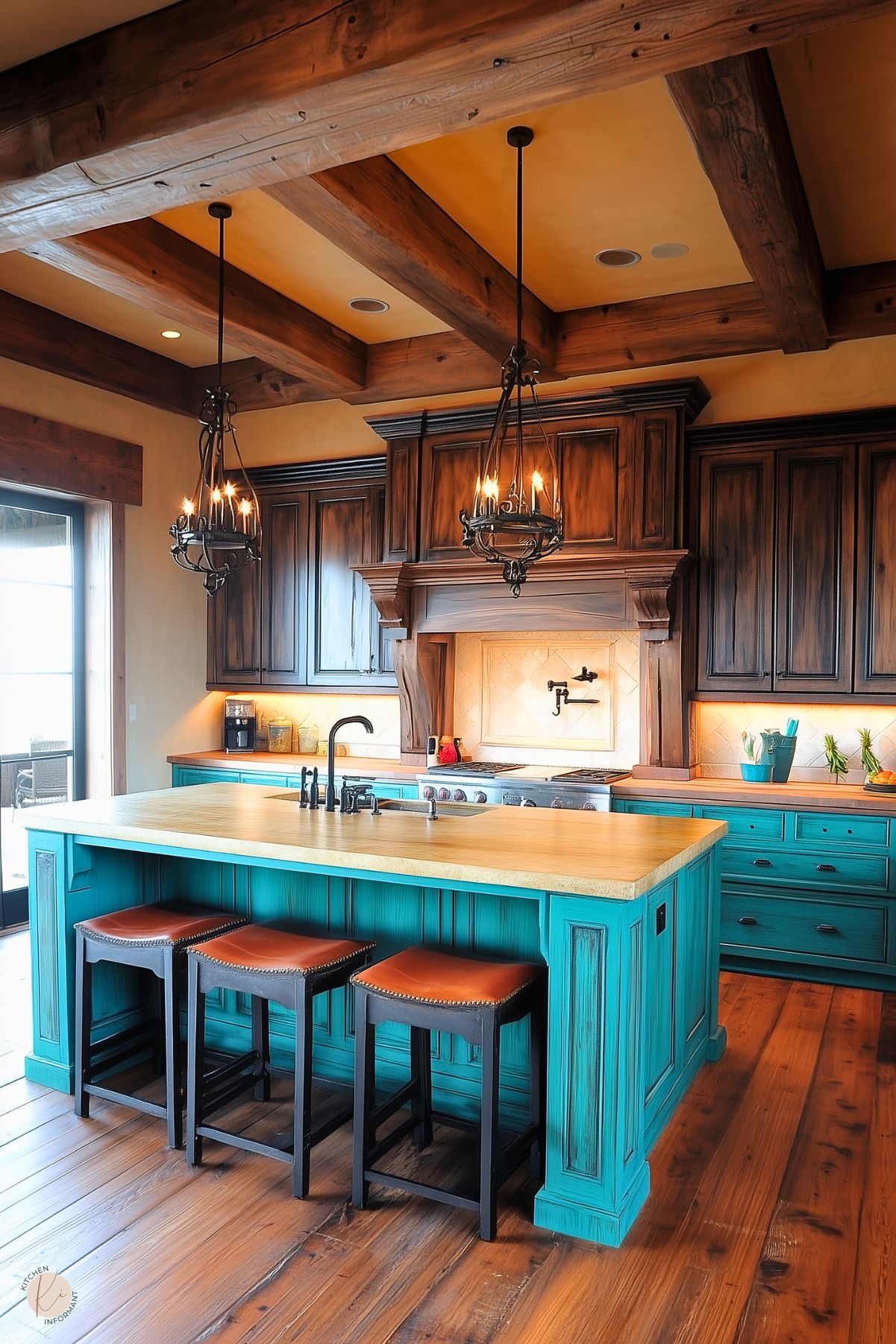 Rustic kitchen with rich wood cabinetry, vibrant turquoise island and lower cabinets, exposed wooden beams, and ornate chandelier lighting for a warm and eclectic feel.