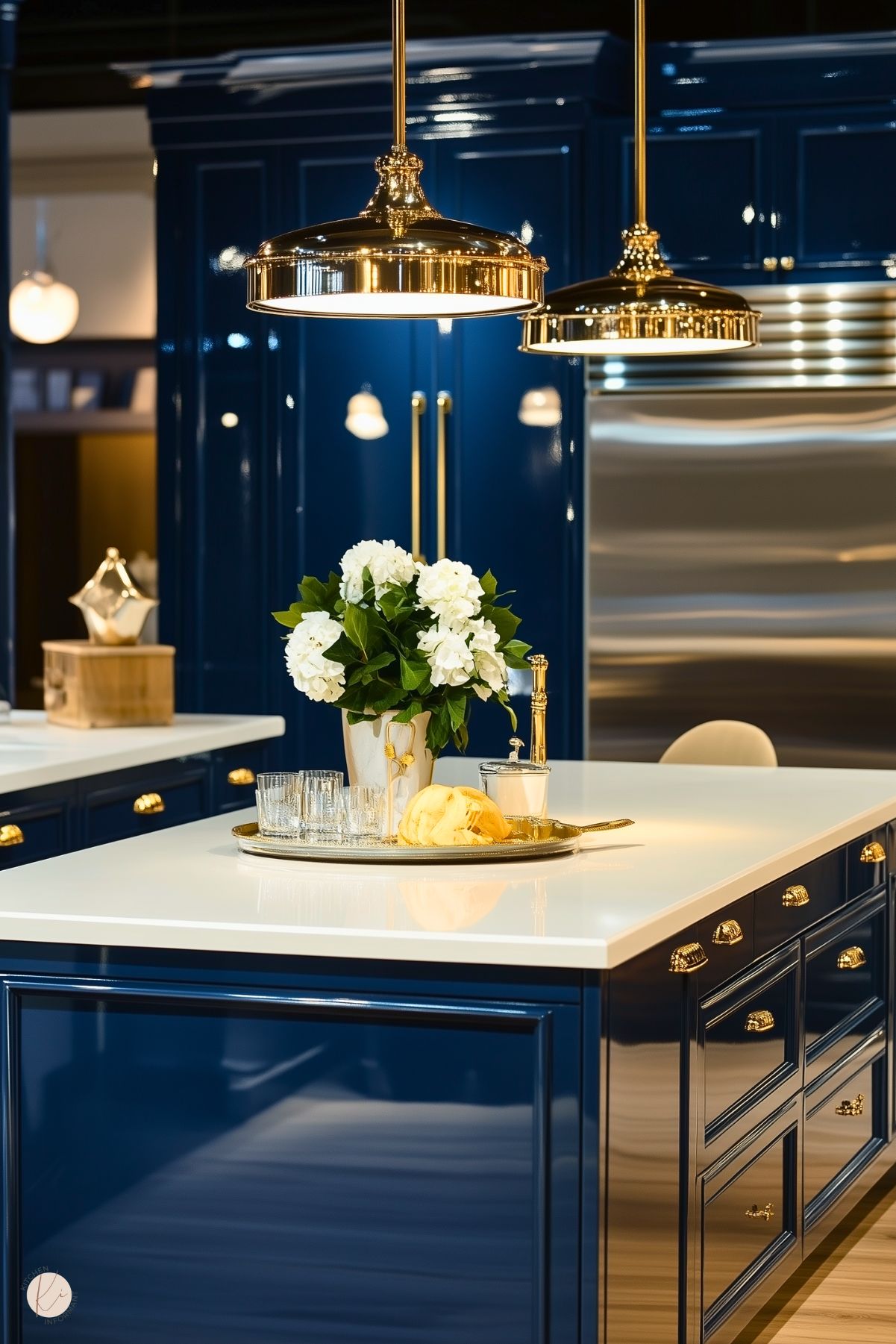 Luxurious kitchen with glossy navy blue cabinets, brass hardware, white countertops, and elegant pendant lighting, accented by a floral centerpiece on the island.