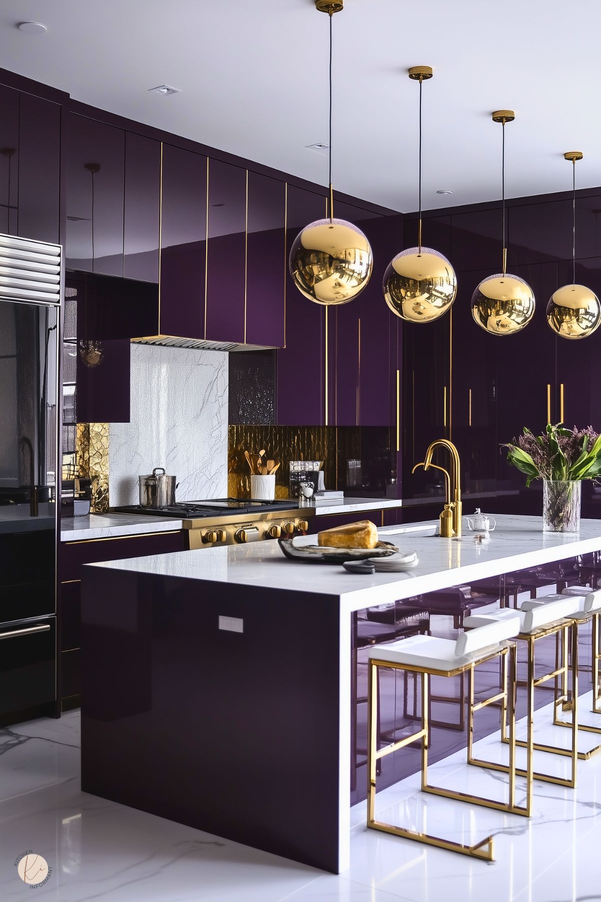 Luxurious kitchen with high-gloss purple cabinets, marble countertops, gold accents, and striking spherical pendant lights for a glamorous look.