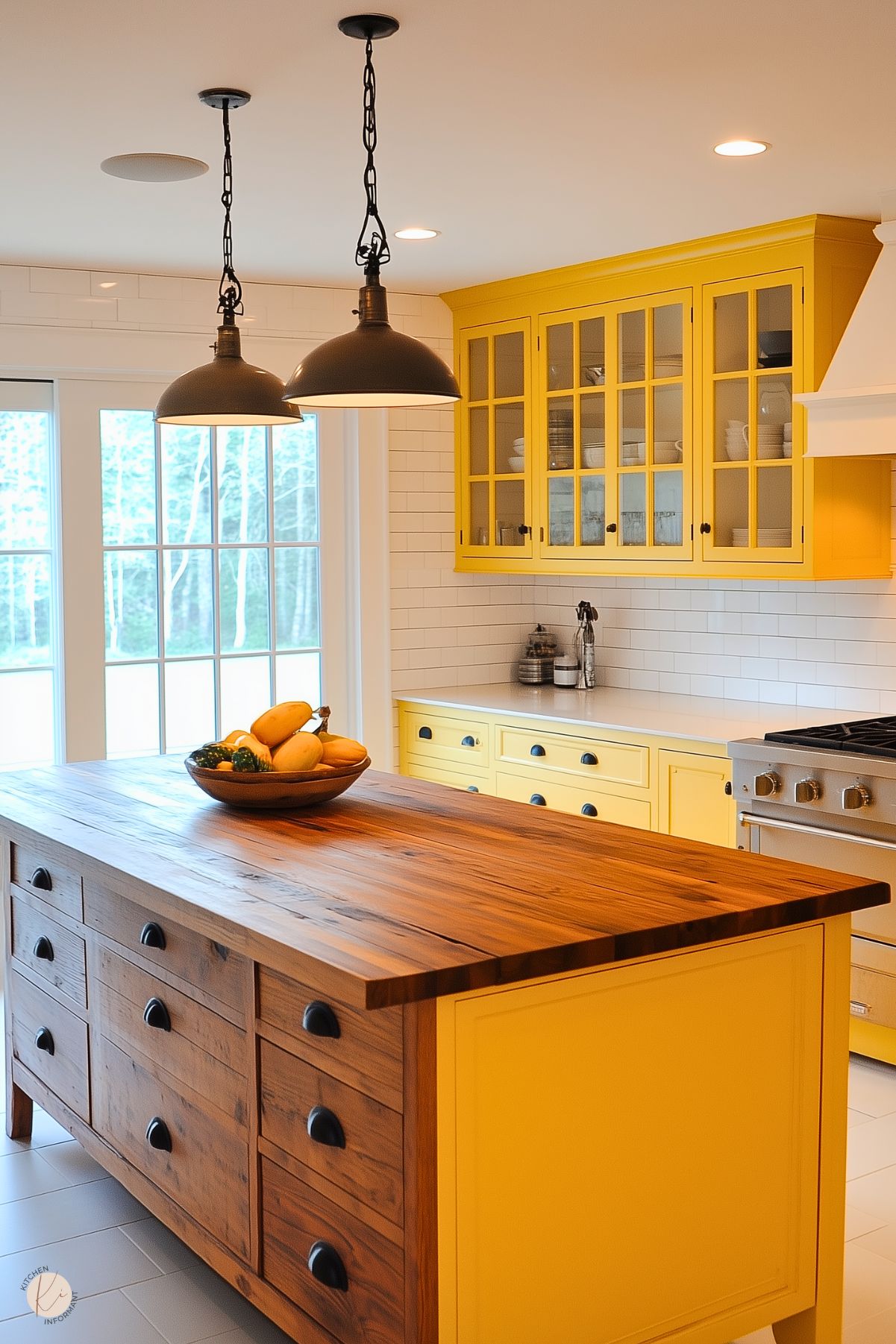 Bright farmhouse kitchen with cheerful yellow cabinets, a rustic wooden island, industrial pendant lighting, and white subway tile backsplash.