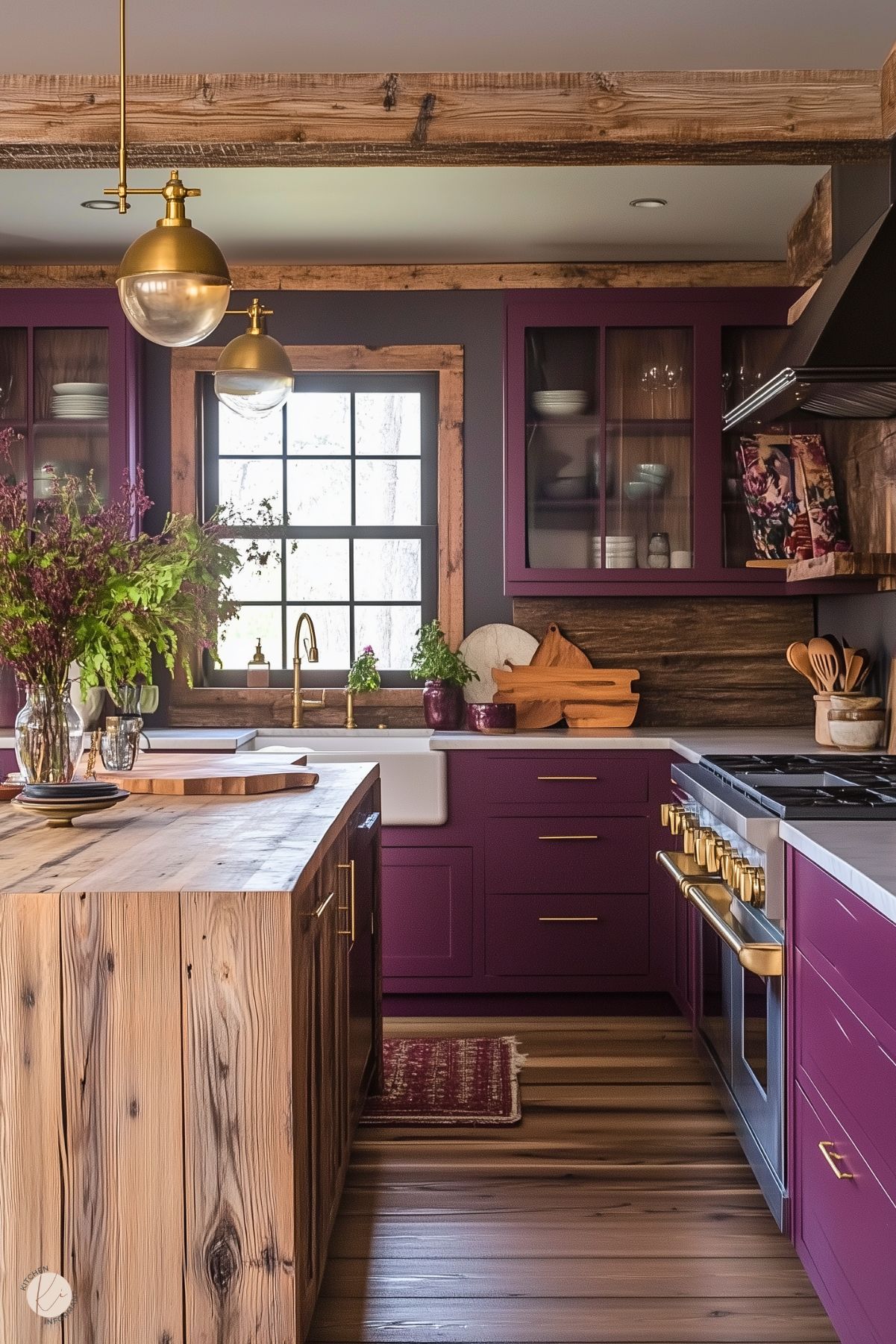 A rustic kitchen with deep plum cabinets, a reclaimed wood island, brass hardware, globe pendant lighting, and a farmhouse sink framed by a large window and natural wood accents.