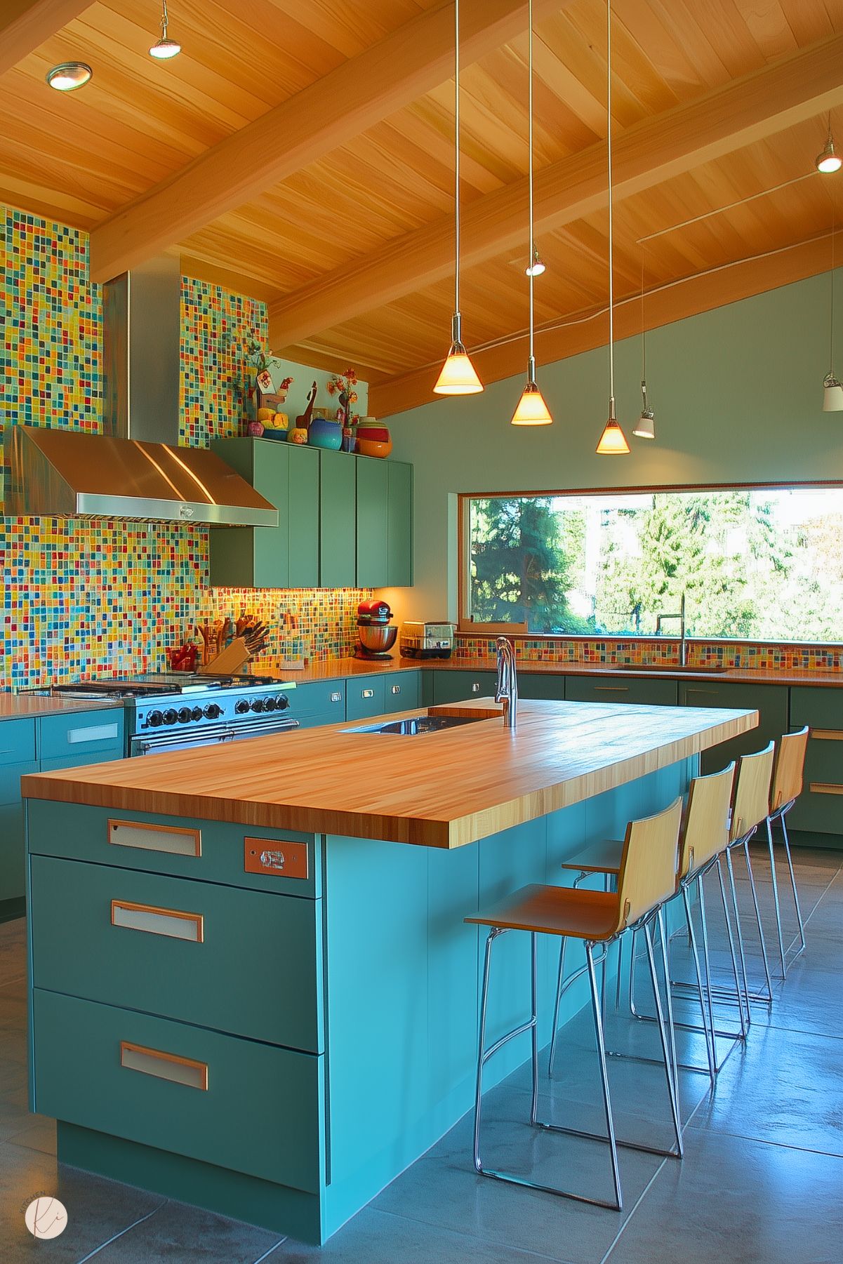 A vibrant kitchen with teal cabinets, a wooden island countertop, colorful mosaic tile backsplash, and modern pendant lighting under a wooden-beamed ceiling.