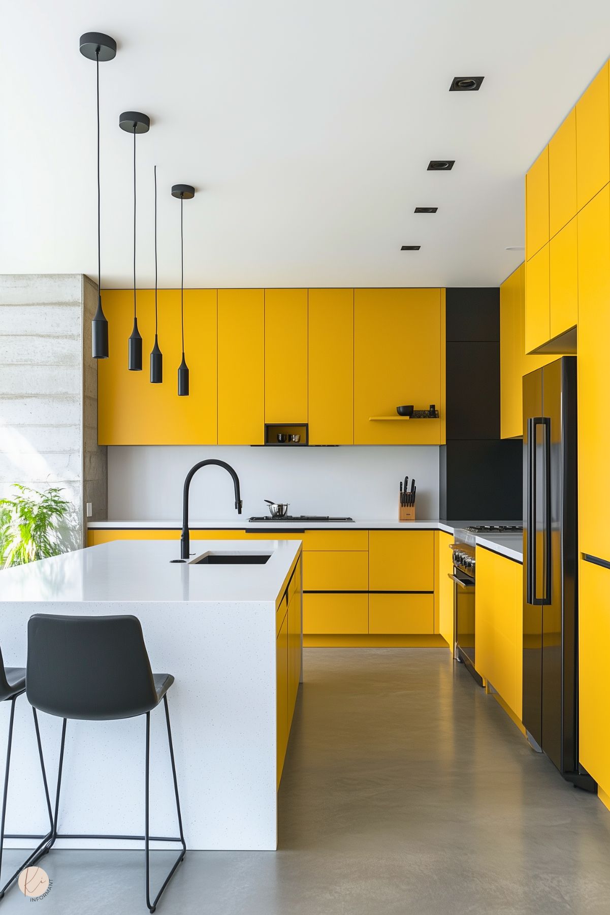 Bold and contemporary kitchen with vibrant yellow cabinets, sleek black accents, a minimalist white island, and modern pendant lighting.