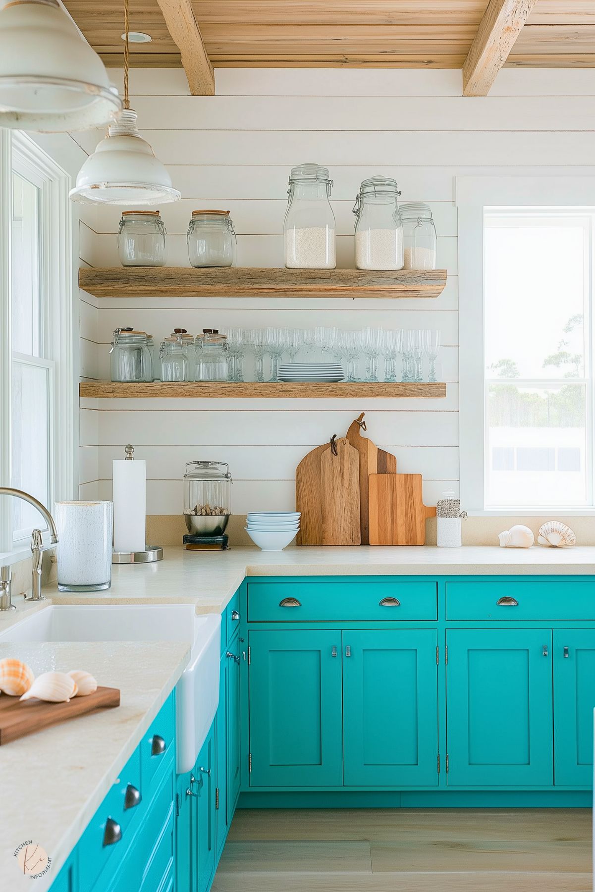 Bright and airy kitchen with turquoise cabinets, open wooden shelves, shiplap walls, and natural wood accents, creating a coastal vibe.