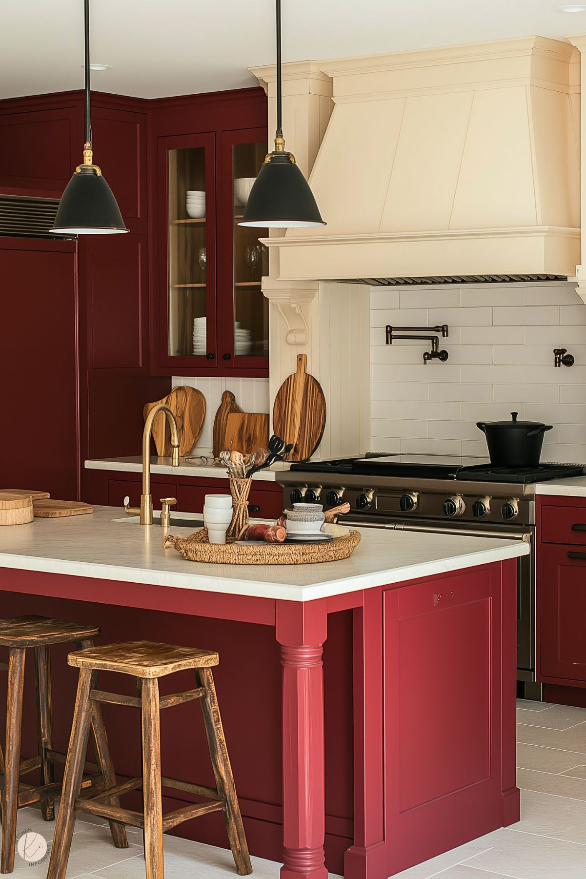 Warm kitchen featuring deep red cabinets, cream range hood, wooden stools, and brass accents, creating a cozy and inviting space.