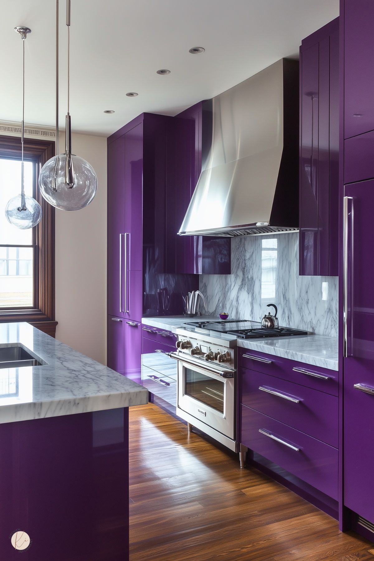 Contemporary kitchen with bold purple cabinets, marble countertops, sleek stainless steel appliances, and modern globe pendant lighting.