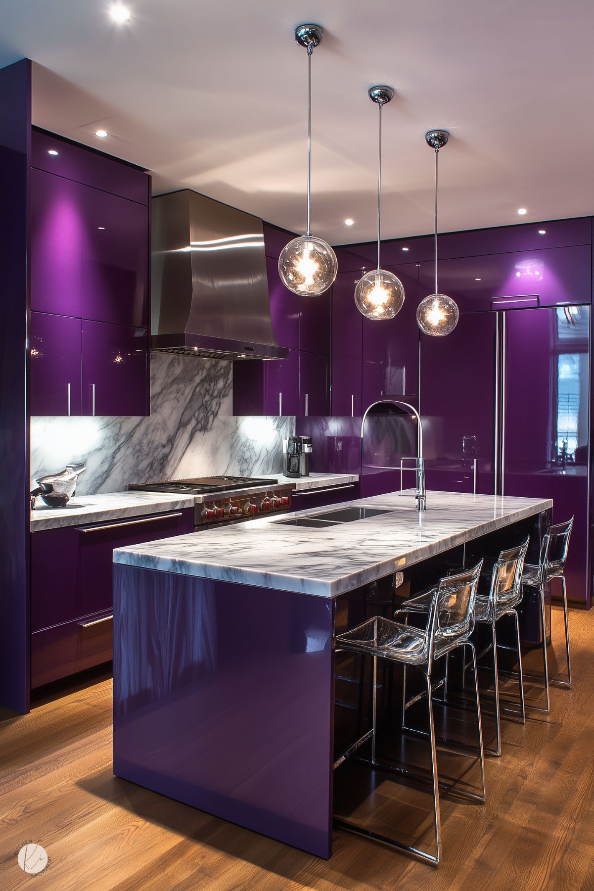 Striking kitchen with glossy purple cabinets, marble countertops, stainless steel appliances, and modern pendant lighting over a sleek island with acrylic bar stools.