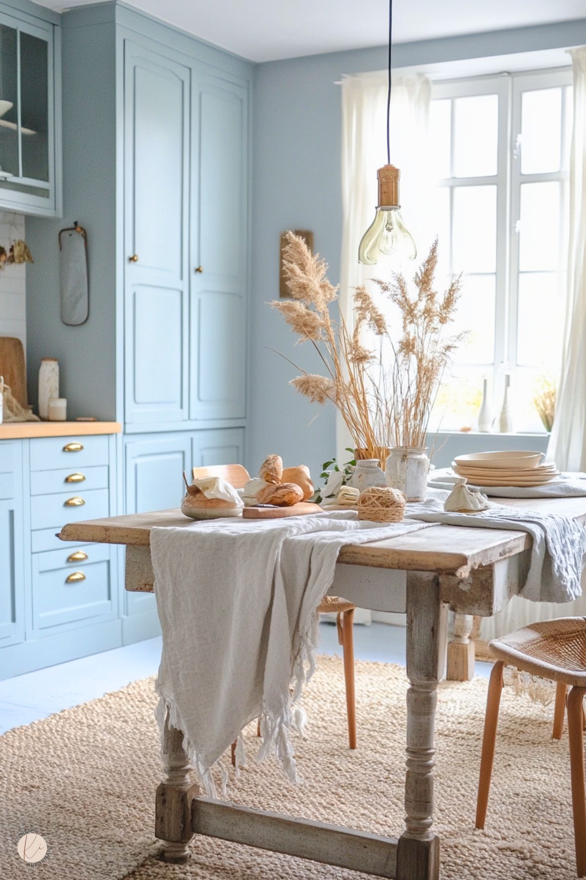 A cozy kitchen with soft blue cabinets, a rustic wooden table, and beige accents. The table is adorned with dried pampas grass in a vase, a linen tablecloth, bread, and stacked plates. A large window lets in natural light, creating a warm, inviting atmosphere.