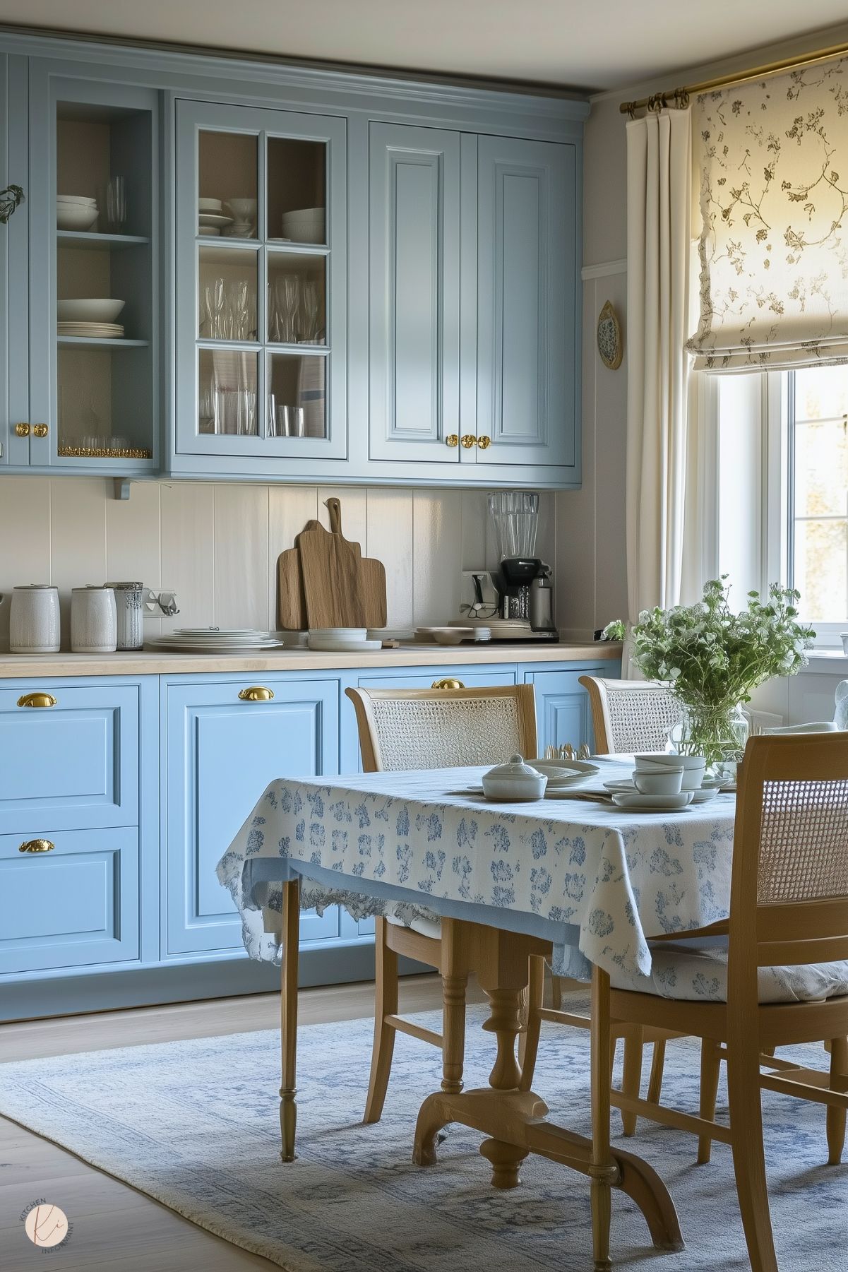 A cozy kitchen with soft blue cabinetry, gold hardware, and glass-fronted doors showcasing elegant dishware. The dining table, draped with a blue-and-white floral tablecloth, is surrounded by cane-back chairs and adorned with fresh greenery in a vase. A large window with floral Roman shades allows natural light to brighten the serene and welcoming space.