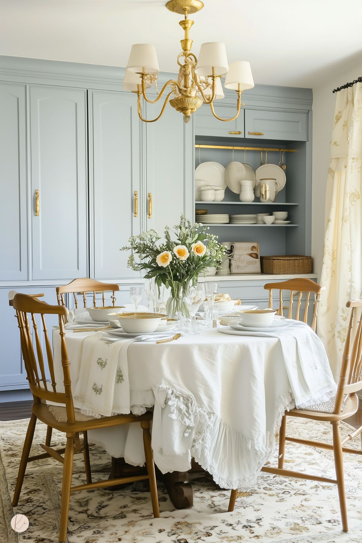 A charming kitchen with soft blue cabinetry, gold accents, and an elegant chandelier. A round dining table with a white fringed tablecloth is set with dishes, glassware, and a vase of fresh yellow roses. Wooden spindle chairs surround the table, and natural light filters through floral curtains, creating a bright and homey atmosphere.