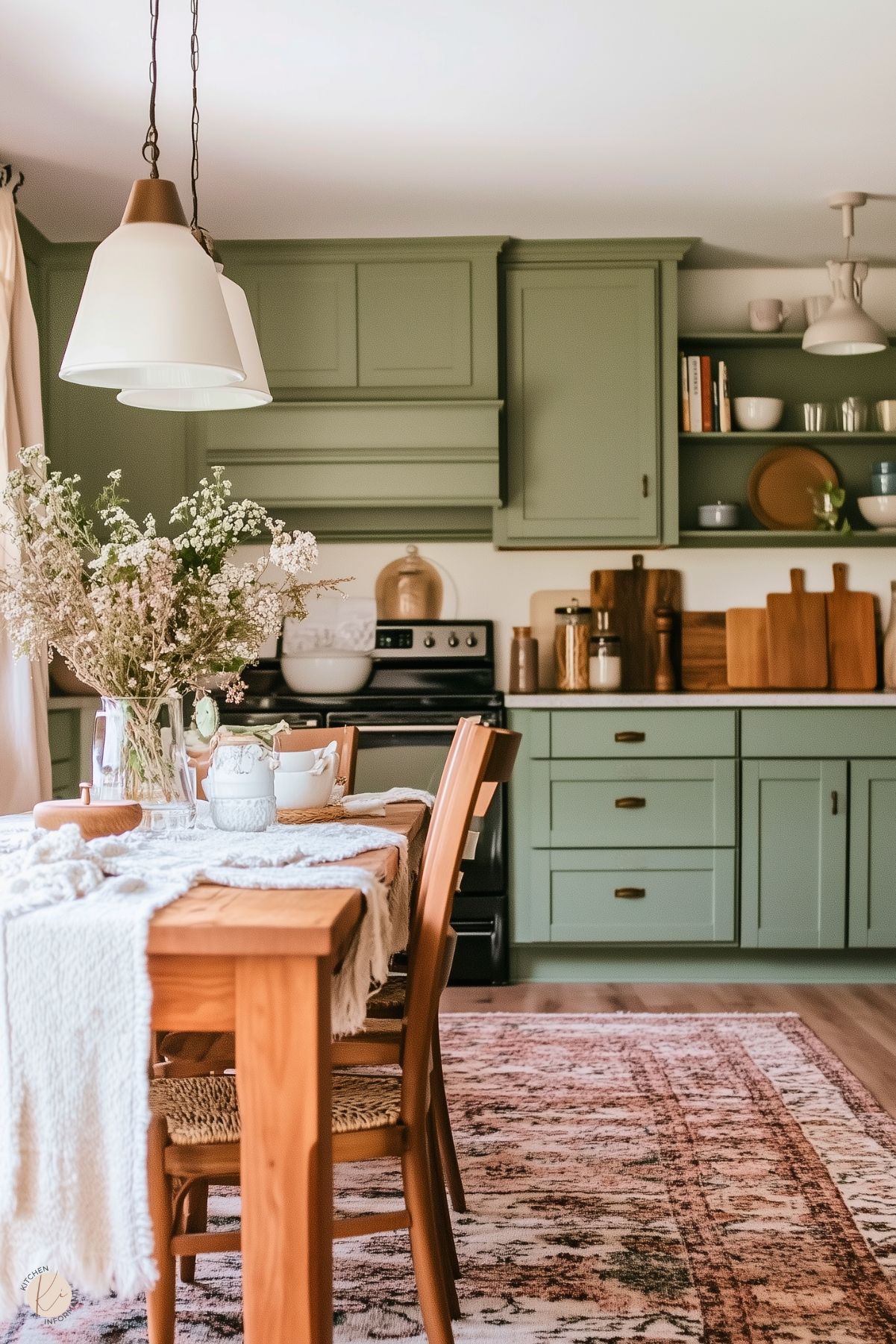 A cozy kitchen with sage green cabinetry, wooden open shelving, and a rustic dining table adorned with soft linens and fresh flowers. Warm wood accents, including cutting boards and chairs, add to the natural charm, while pendant lights and a patterned rug create an inviting, relaxed atmosphere.