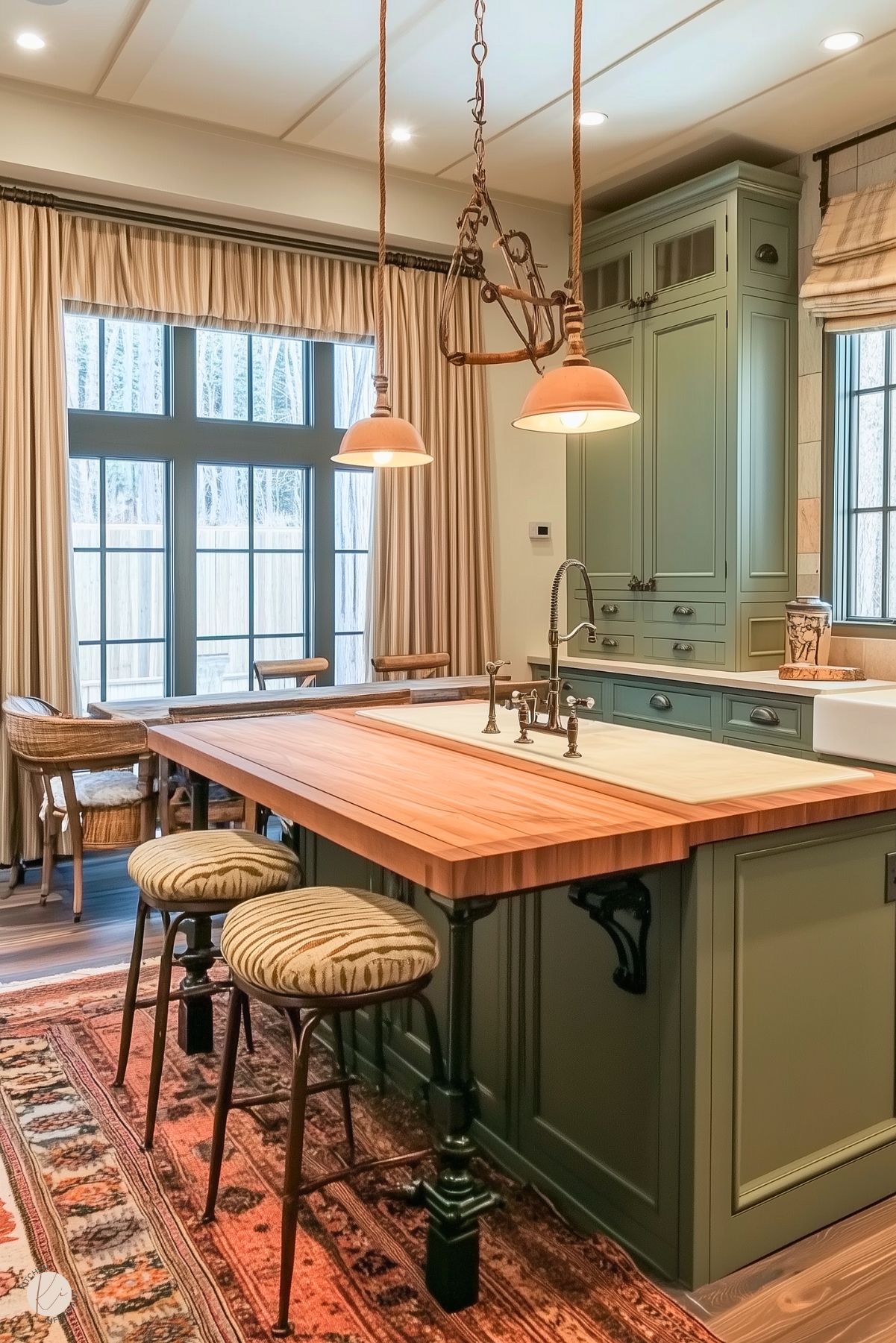 A cozy kitchen with a farmhouse-inspired design featuring a green island with a butcher block countertop and a large white sink. Two cushioned stools with striped fabric sit at the island, and rustic pendant lights hang above. Large windows with beige curtains fill the room with natural light, while a patterned rug adds warmth to the wooden floor.