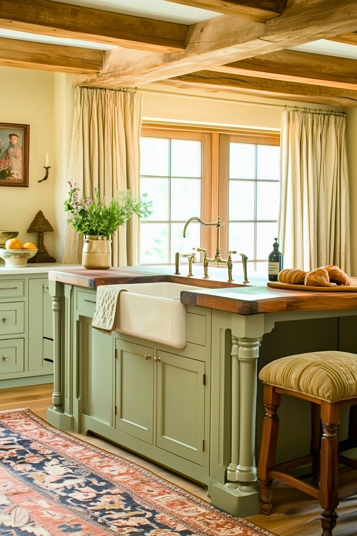 A cozy kitchen featuring sage green cabinetry, a farmhouse sink with brass fixtures, and a wooden countertop. Natural light streams through large windows framed by cream curtains. A cushioned stool sits by the island, which is decorated with fresh bread and greenery in a vase. Wooden beams on the ceiling and a patterned rug add warmth and character to the space.