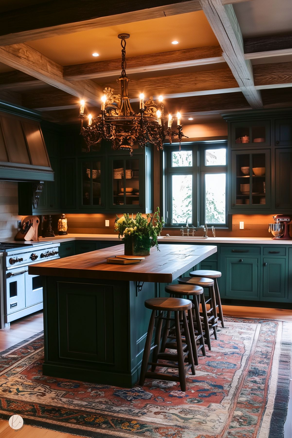 A cozy, moody kitchen with deep green cabinetry, a large wooden island, and rustic wooden stools. A dramatic vintage chandelier hangs over the island, adding warmth and elegance. Rich wood beams, soft lighting, and a patterned Persian rug create an inviting and intimate atmosphere perfect for gathering.