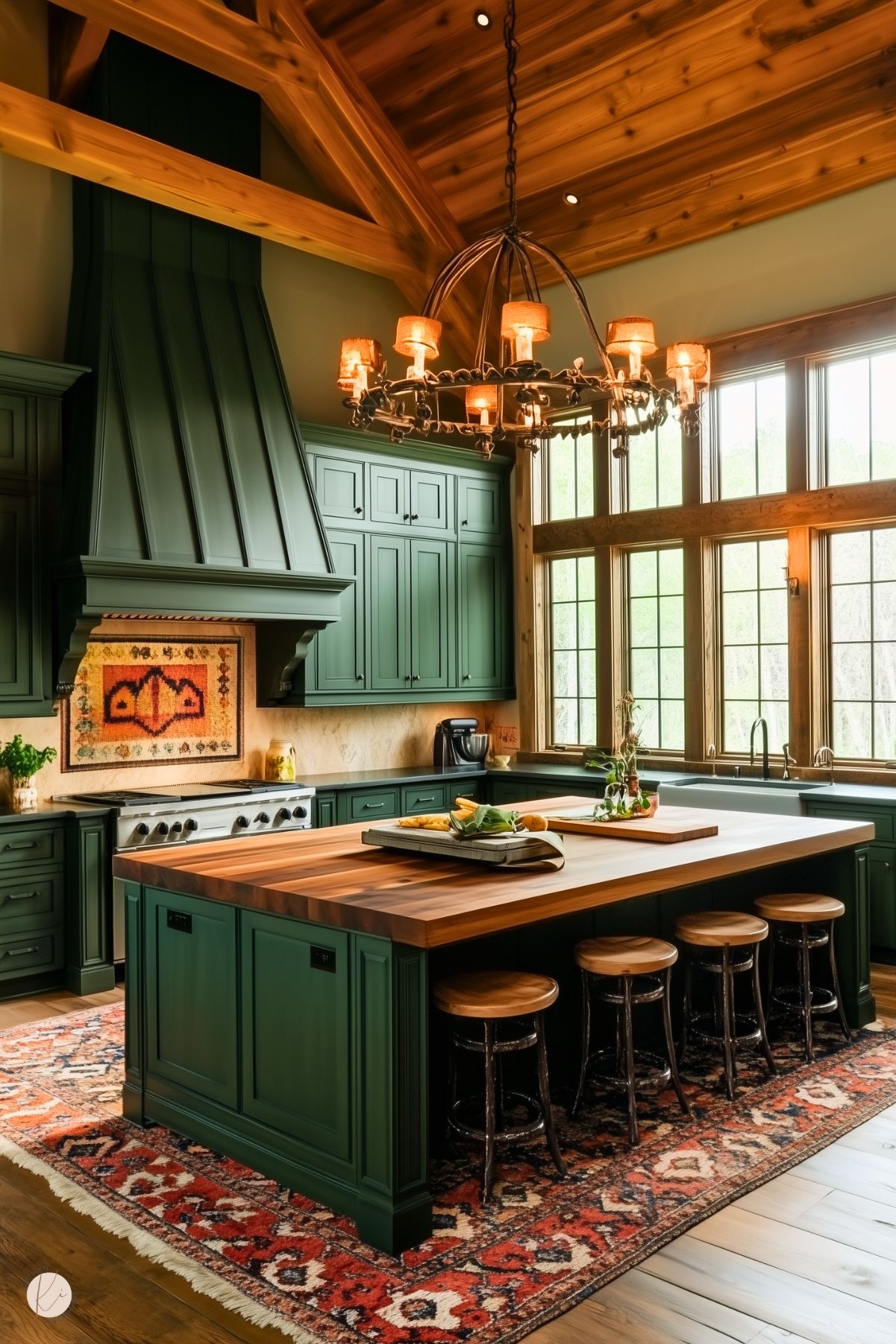 A cozy kitchen with forest green cabinetry, a large wooden island, and a statement chandelier that adds rustic elegance. The space features high vaulted ceilings with exposed wooden beams, large windows for natural light, and a warm Persian rug grounding the room. The blend of rich wood tones and dark cabinetry creates a welcoming, lodge-inspired atmosphere.