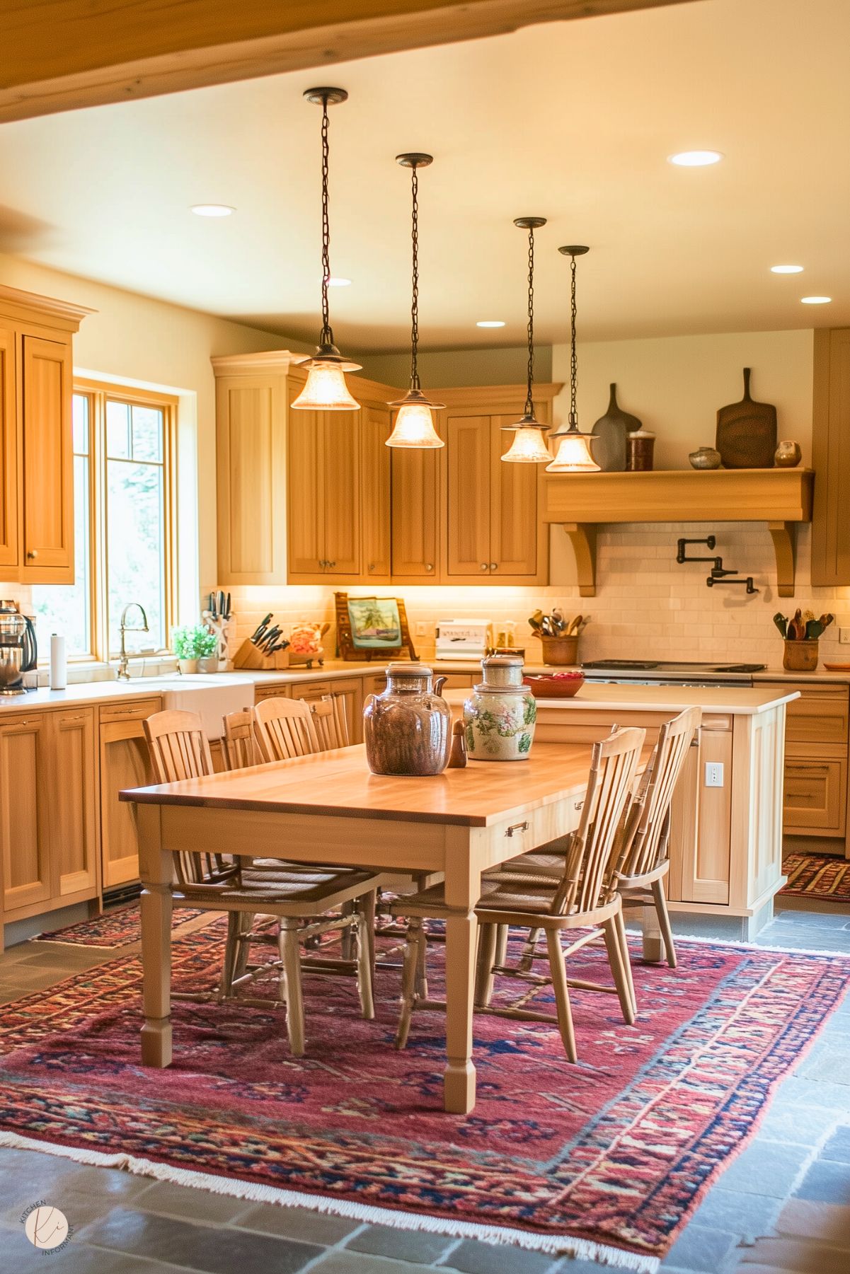 A cozy kitchen with warm wood cabinetry, a large wooden dining table surrounded by spindle chairs, and a vibrant red patterned rug covering the stone floor. Pendant lights hang above the table, and decorative jars sit as a centerpiece. The space is illuminated by natural light streaming through a large window, creating an inviting and homey atmosphere.